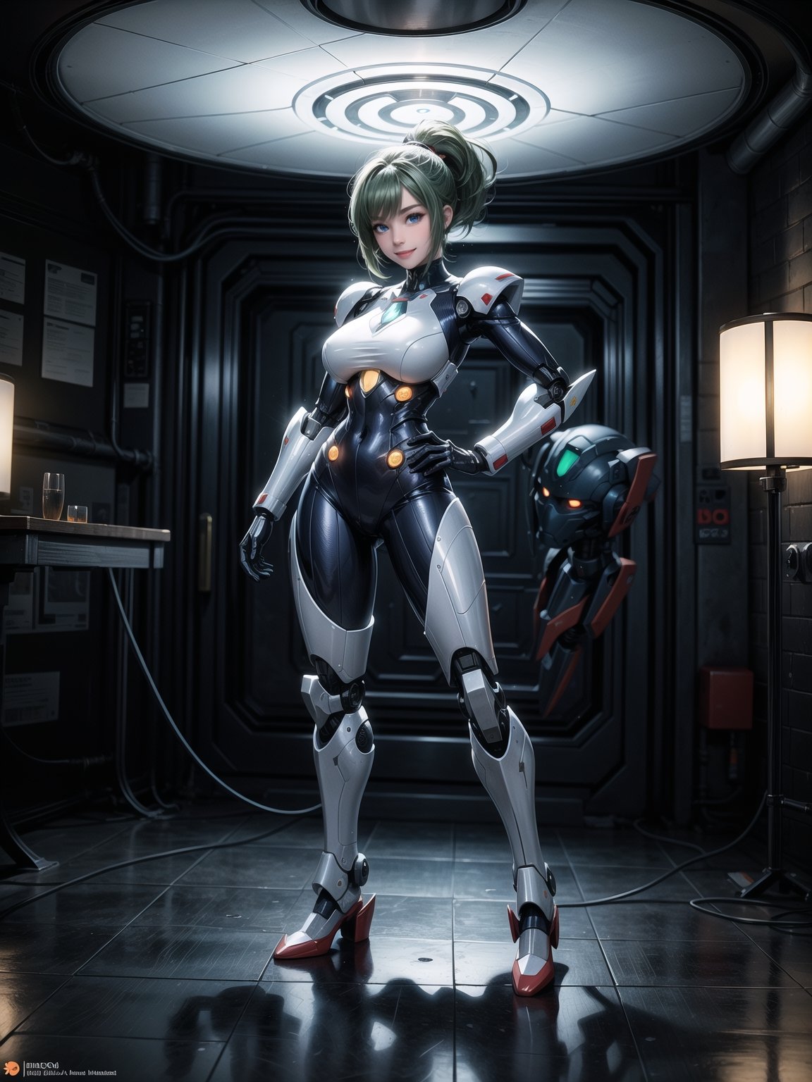 A woman, wearing mecha suit+mecha armor+Bionic armor, blue suit with blank parts, gigantic breasts, helmet with glass visor, green hair, extremely short hair, rebellious hair, hair with ponytail, hair with bangs in front of the eye, looking at the viewer, (((sensual pose+Interacting+leaning on anything+existing+object+leaning against))), in the underworld at night with many machines, robots, machines, metal structures, ((full body):1.5), 16K, UHD, Unreal Engine 5, quality max, max resolution, ultra-realistic, ultra-detailed, maximum sharpness, ((perfect_hands):1), Goodhands-beta2, [megaman, super metroid], ((mecha))