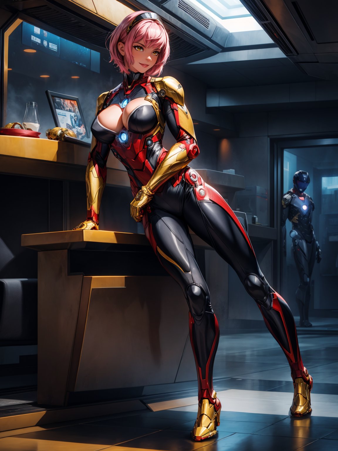 A woman, maid suit + iron man suit, black suit with gold parts, extremely tight and tight on the body, gigantic breasts, helmet on the head, pink hair, short hair, hair with bangs in front of the eyes, looking at the spectator, (((erotic pose interacting and leaning [on an object|on something in the environment]))), on a plane in the passenger area, with chairs, machinery, window, cabins ((full body):1.5) . 16k, UHD, best possible quality, ultra detailed, best possible resolution, Unreal Engine 5, professional photography, perfect_hands