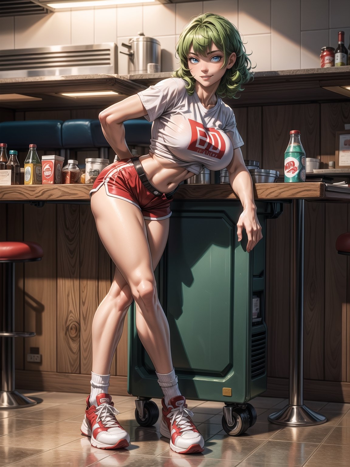 A woman, wearing ((white T-shirt with red stripes with logo:"ROD", short red shorts with stripes, long white sock and sneakers, gigantic breasts)), short hair, green hair, curly hair, messy hair, hair with bangs in front of her eyes, (((looking at the viewer, sensual pose with interaction and leaning on anything+object+on something+leaning against+leaning against))) in a diner full of people, with counter, tables and chairs, soda machines, ((full body):1.5); 16K, UHD, unreal engine 5, quality max, max resolution, ultra-realistic, ultra-detailed, maximum sharpness, ((perfect_hands):1), Goodhands-beta2,