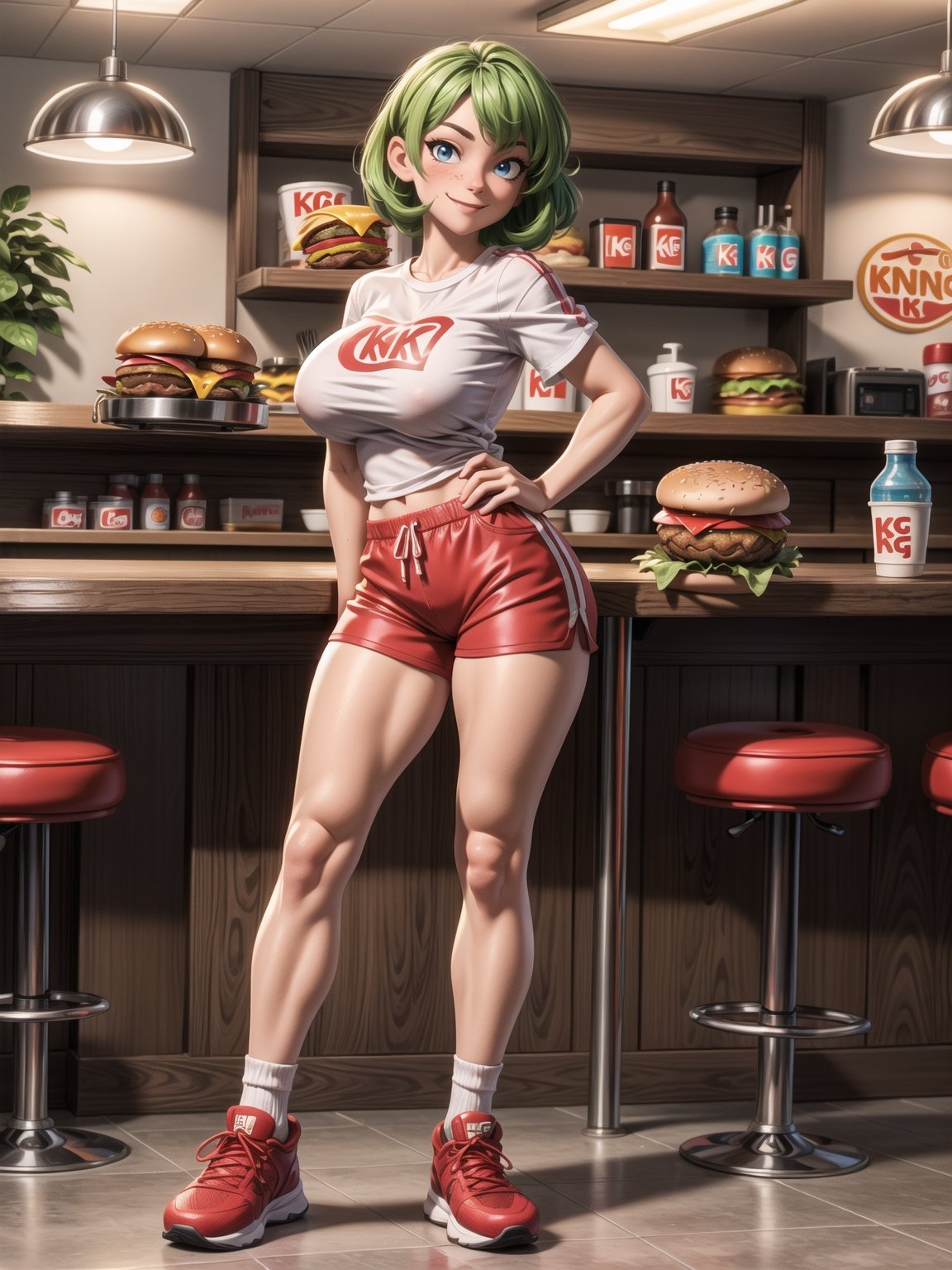 A woman, wearing ((white T-shirt with red stripes with logo:"ROD", short red shorts with stripes, long white sock and sneakers, gigantic breasts)), short hair, green hair, curly hair, messy hair, hair with bangs in front of her eyes, (((looking at the viewer, sensual pose with interaction and leaning on anything+object+on something+leaning against+leaning against))) in a diner full of people, with counter, tables and chairs, soda machines, ((full body):1.5); 16K, UHD, unreal engine 5, quality max, max resolution, ultra-realistic, ultra-detailed, maximum sharpness, ((perfect_hands):1), Goodhands-beta2, ((burger king))