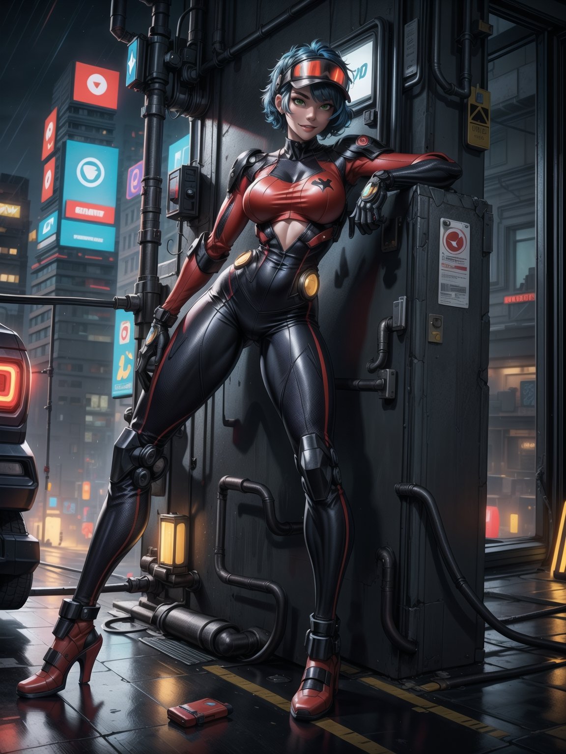 A woman, wearing ((wearing black heroic costume with parts in red+mecha costume with lights, helmet with visor)), short hair, blue hair, curly hair, messy hair, hair with bangs in front of eyes, (((looking at the viewer, sensual pose with interaction and leaning on anything+object+on something+leaning against+leaning against))) on top of a building at night raining hard with a view of the city, with large structures, advertisement, ((full body):1.5); 16K, UHD, unreal engine 5, quality max, max resolution, ultra-realistic, ultra-detailed, maximum sharpness, ((perfect_hands):1), Goodhands-beta2, ((cyberpunk))