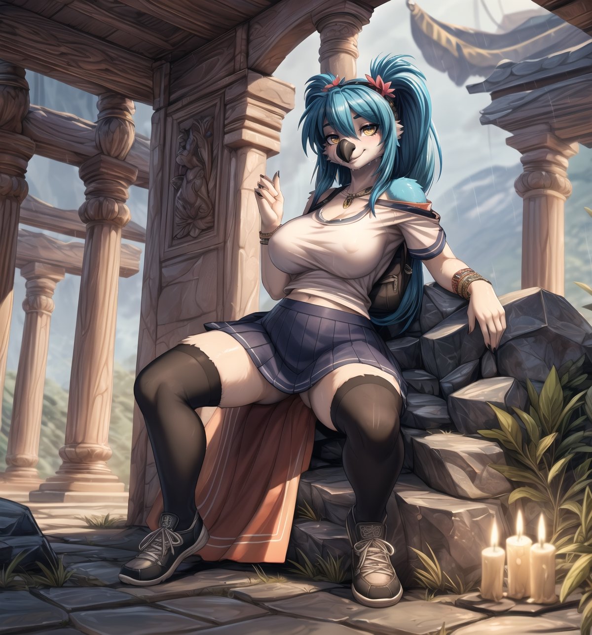 ((Ultra-detailed 4K image with sensual anime style, rendered using Unreal Engine 5 technology):1.2). | Daiana, a sensual and provocative 22-year-old ((female parrot)), is positioned in an ancient temple in the mountains at night, with heavy rain pounding the surroundings. Her curvaceous body is highlighted by a tight school outfit, consisting of a white t-shirt with buttons, a black accordion skirt, long lycra socks reaching up to the crotch, black shoes and a school backpack on her back. Her ((green down covers her body)), adding a unique texture to her appearance. Her feet are on the damp floor, creating a feeling of connection with her surroundings. Her long blue hair with two long pigtails with metallic clips, straight and silky hair, falls softly on her shoulders. Her yellow eyes stare at the viewer with a seductive expression, while she smiles with her bright beak. | Wide shot angled composition, emphasizing Daiana's sensual figure and the elements of the ancient temple. The ancient rocks and structures, altar, wooden structures and pillars create a realistic and immersive environment. The candles scattered around the place illuminate the darkness with a warm, yellow light, while the heavy rain hits the rocks and ancient structures, creating a rhythmic and relaxing sound. The damp floor adds a feeling of freshness and naturalness to the scene. The dim lighting and heavy rain create a mystical and sensual atmosphere, with dramatic shadows and highlighted details. | Soft, moody lighting effects create a mysterious and sensual atmosphere, while detailed textures on the rocks, structures and costume add realism to the image. | A sensual anime scene featuring Daiana, a female parrot, in an ancient temple in the mountains at night, combining cartoon and sensual anime art styles powered by Unreal Engine 5. | (((((The camera reveals a full-body-shot as she assumes a sensual-pose, engagingly leaning against a structure within the scene in an exciting manner. She takes on a sensual-pose as she interacts, boldly leaning on a structure, leaning back in an exciting way))))). | ((perfect anatomy, perfect body)), ((((perfect pose)))), ((perfect fingers, better hands, perfect hands, perfect legs, perfect feet)), (((perfect_breasts, huge_breasts))), ((perfect design, correct errors, perfect composition, very detailed scene, very detailed background, correct imperfections, perfect layout):1.2), ((More Detail, Enhance))