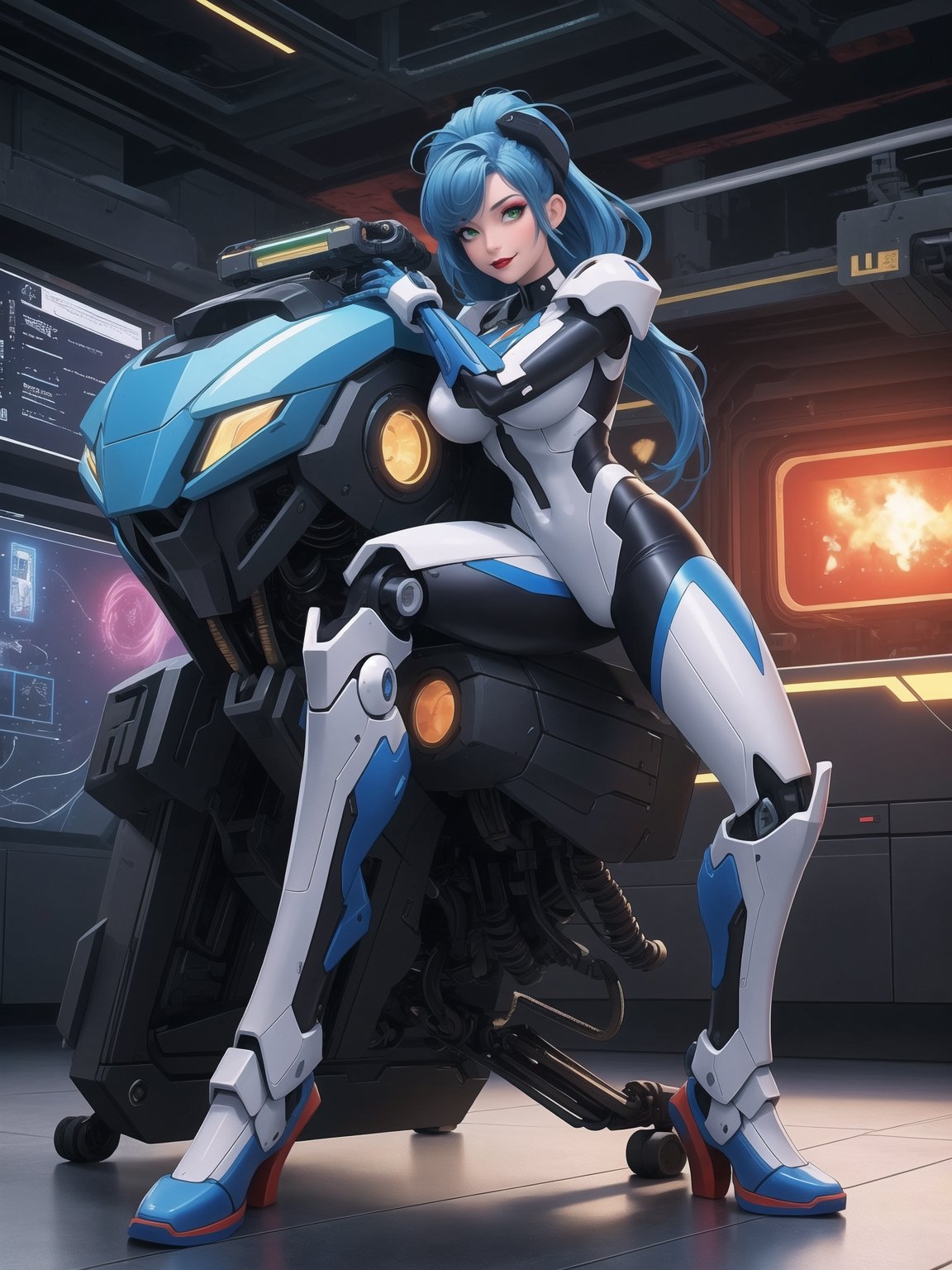 A woman is wearing an all-white mecha costume, with blue parts and luminous couplings. The mecha suit is very tight on the body and has cybernetic armor. She has gigantic breasts and short, blue, mohawk hair with a fringe that falls in front of her eyes. She is looking directly at the viewer. She is in an alien aircraft filled with technological structures, machines, computers and aliens armed with lasers. The aircraft has elevators and windows, ((She is striking a sensual pose, leaning on anything or object, resting and leaning against herself over it)), ((full body)), super_metroid, mecha, UHD, best possible quality, ultra detailed, best possible resolution, Unreal Engine 5, professional photography, perfect hand, fingers, hand, perfect, More detail,