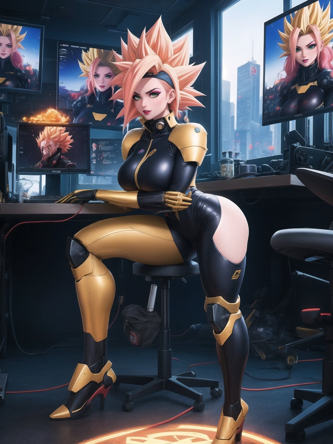 A woman, wearing an all-black mecha suit, a mecha costume with golden parts, a mecha costume with golden lights, a locks suit that is tight on the body, wearing a wick helmet with a transparent visor with lights, gigantic breasts, pink hair, ((super saiyan hair)), spiky hair, hair that is too short, messy hair, hair with bangs in front of the eyes, (looking directly at the viewer),  she's in a futuristic lab, computers, machines, window showing the city, 16K, UHD, best possible quality, ultra detailed, best possible resolution, Unreal Engine 5, professional photography, she is, ((sensual pose with interaction and leaning on anything + object + on something + leaning against)) + perfect_thighs, perfect_legs, perfect_feet, better_hands, ((full body)), More detail,