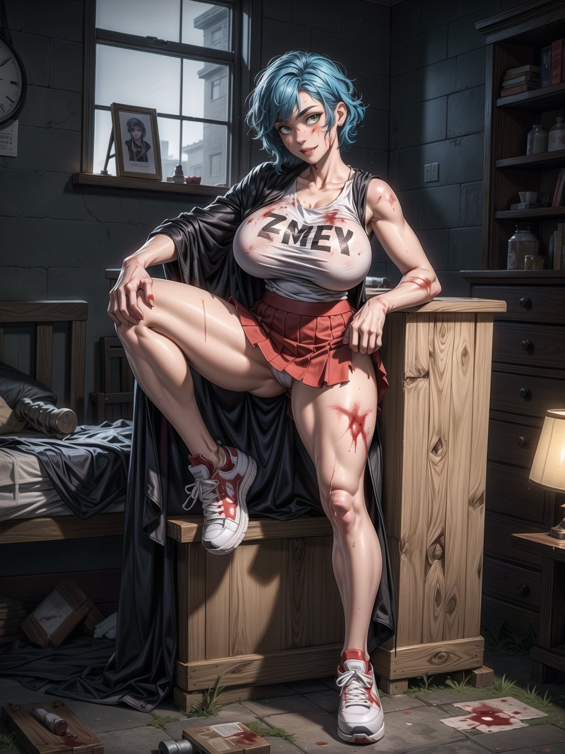A zombie woman, wearing ((black robe, white sleeveless T-shirt, short red skirt, all dirty+torn clothes, gigantic breasts, extremely white skin, sneakers, blood all over clothes)), short hair, blue hair, curly hair, messy hair, hair with bangs in front of her eyes, (((looking at the viewer, sensual pose with interaction and leaning on anything+object+on something+leaning against+leaning against))) in an old house all destroyed, with old furniture, lamps illuminating the place, many dead vibes transiting, ((full body):1.5); 16K, UHD, unreal engine 5, quality max, max resolution, ultra-realistic, ultra-detailed, maximum sharpness, ((perfect_hands):1), Goodhands-beta2, ((a zombie woman+many wounds and bones appearing))