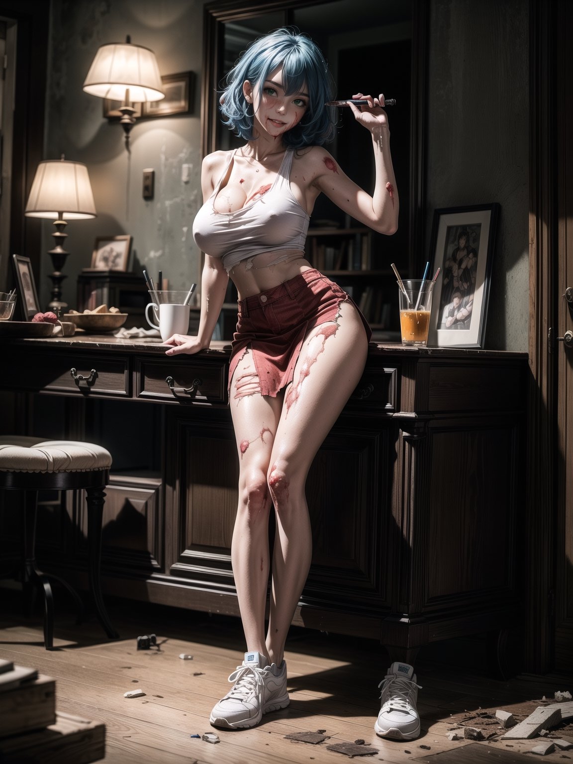 A zombie woman, wearing ((white sleeveless T-shirt, short red skirt, all dirty+torn clothes, gigantic breasts, extremely white skin, sneakers, blood all over clothes)), short hair, blue hair, curly hair, messy hair, hair with bangs in front of her eyes, (((looking at the viewer, sensual pose with interaction and leaning on anything+object+on something+leaning against+leaning against))) in an old house all destroyed, with old furniture, large structures, lamps illuminating the place, many dead vibos transiting, ((full body):1.5); 16K, UHD, unreal engine 5, quality max, max resolution, ultra-realistic, ultra-detailed, maximum sharpness, ((perfect_hands):1), Goodhands-beta2, ((a zombie woman+many wounds and bones appearing))