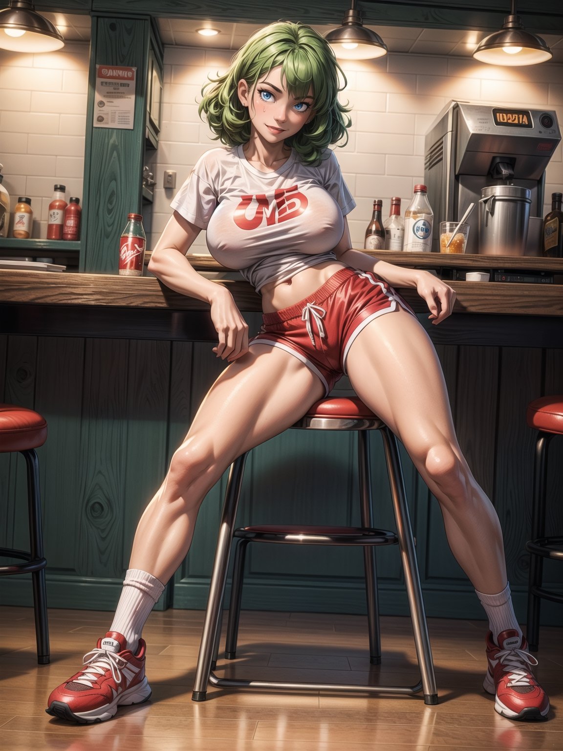 A woman, wearing ((white T-shirt with red stripes with logo:"EB", short red shorts with stripes, long white sock and sneakers, gigantic breasts)), short hair, green hair, curly hair, messy hair, hair with bangs in front of her eyes, (((looking at the viewer, sensual pose with interaction and leaning on anything+object+on something+leaning against+leaning against))) in a diner full of people, with counter, tables and chairs, soda machines, ((full body):1.5); 16K, UHD, unreal engine 5, quality max, max resolution, ultra-realistic, ultra-detailed, maximum sharpness, ((perfect_hands):1), Goodhands-beta2,