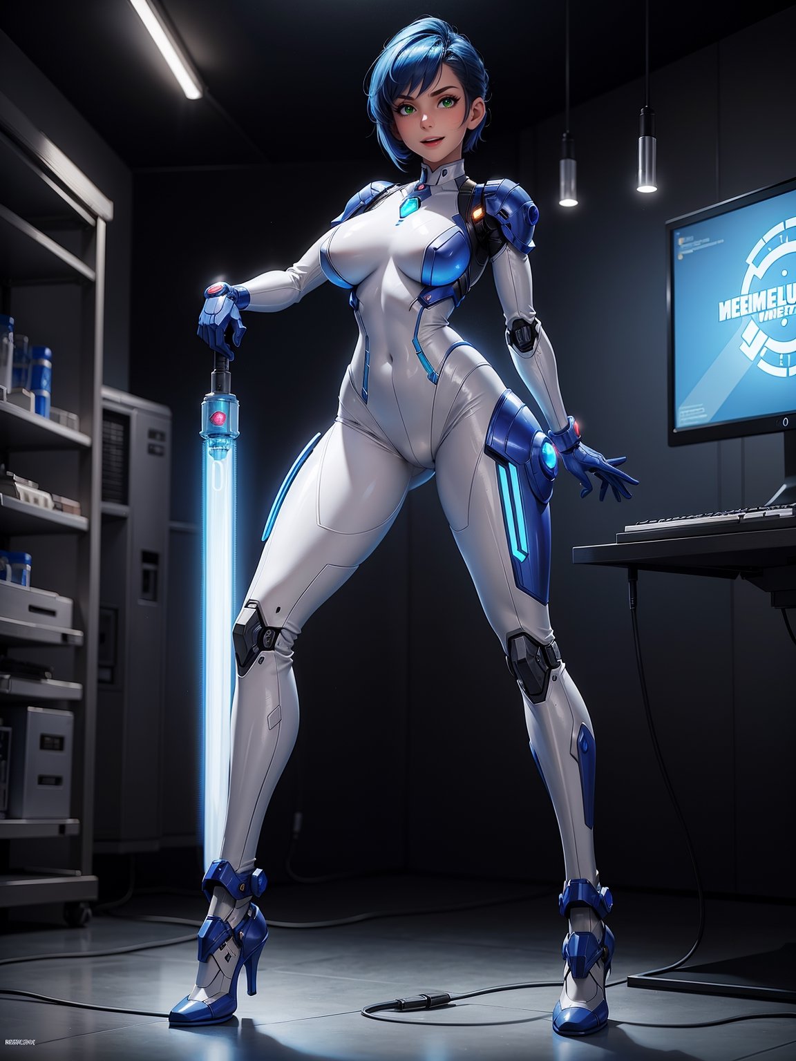 A woman, wearing white wick costume with blue lights, very tight costume on the body with robotic parts, (gigantic breasts), blue hair, very short hair, straight hair, mohawk hair, hair with bangs in front of the eyes, looking at the viewer, in a laboratory, with machines, computers, robots, windows, luminous pipes, (((pose with interaction and leaning on something))), ((full body):1.5), 16k, UHD, best possible quality, ultra detailed, best possible resolution, Unreal Engine 5, professional photography, well-detailed fingers, well-detailed hand, perfect_hands, perfect, (((megamanx, super metroid)))