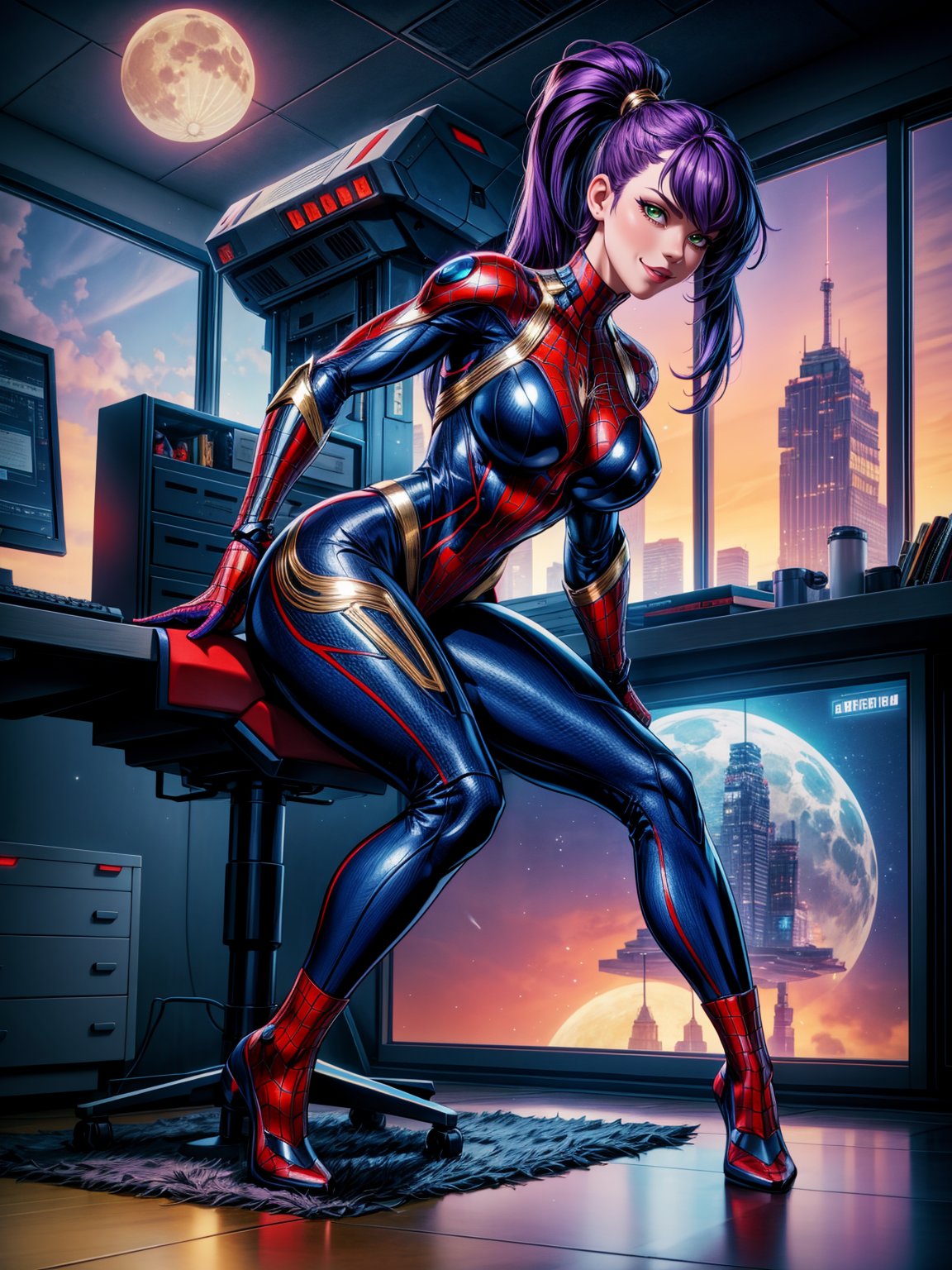 Just a woman, wearing black cybernetic armor with gold parts+spider-man costume+Ultraman costume, absurdly giant breasts, purple hair, barely fulfilled hair, ponytailed hair, fringed hair in front of the eyes, looking at the viewer, (((erotic pose interacting and leaning on something))), in a computer lab,  machines, robots, vehicles, window showing the city at night with a moon at the top left, ((full body):1.5). 16k, UHD, best possible quality, ((best possible detail):1), best possible resolution, Unreal Engine 5, professional photography,photography, perfect_hands