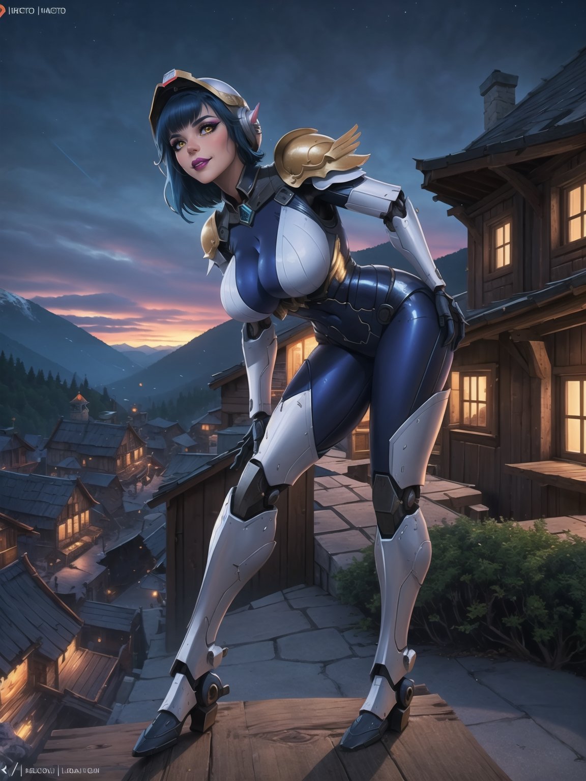 ((An eagle woman_solo)), has gigantic breasts, is wearing mecha+robotic armor with blue parts, totally white outfit, she has ((wearing a helmet)), short hair, blue hair, hair with bangs in front of her eyes, she is in a village on top of the mountains at night, with many stone structures, trees, houses made of wood, large wooden structures, warcraft, 16K, UHD, best possible quality, ultra detailed, best possible resolution, ultra technological, futuristic, robotic, Unreal Engine 5, professional photography, she is ((sensual pose with interaction and leaning on anything + object + on something + leaning against)) + Perfect anatomy, ((full body)), More detail, better_hands