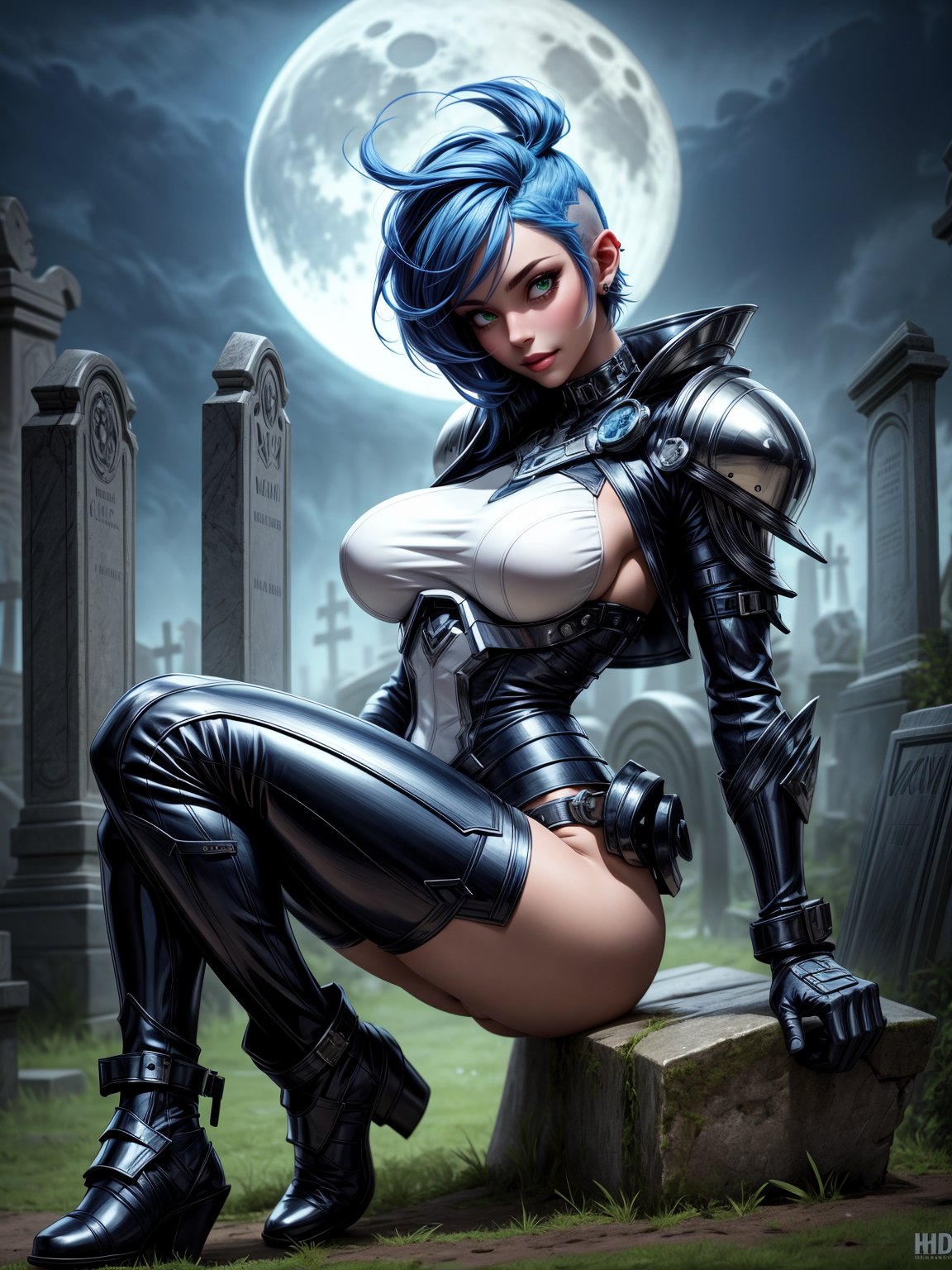 1woman, wearing futuristic armor+bionic costume+metal plates, white suit with black parts, extremely giant breasts, blue hair, very short hair, mohawk hair, hair with bangs in front of the eyes, helmet on the head, looking at the viewer, (((erotic pose interacting and leaning on something))), in an ancient cemetery, large evil soleis, large tombstones, large tombs,  candles stuck on headstones illuminating the place, fog, cemetery at night with full moon at top left, ((full body):1.5), ((bloodrayne)),16k, UHD, best possible quality, ((ultra detailed):1), best possible resolution, Unreal Engine 5, professional photography, perfect_hands