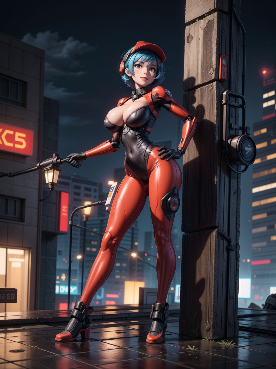 A woman, wearing ((wearing black heroic costume with parts in red+mecha costume with lights, helmet with visor, gigantic breasts)), short hair, blue hair, curly hair, messy hair, hair with bangs in front of eyes, (((looking at the viewer, sensual pose with interaction and leaning on anything+object+on something+leaning against+leaning against))) on top of a building at night raining hard with view of the city, with machines, advertising plates, ((full body):1.5); 16K, UHD, unreal engine 5, quality max, max resolution, ultra-realistic, ultra-detailed, maximum sharpness, ((perfect_hands):1), Goodhands-beta2, ((cyberpunk))