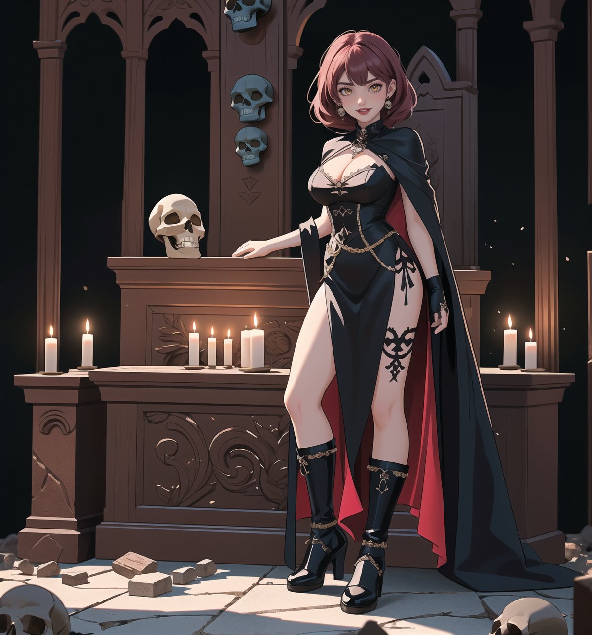 An ultra-detailed 16K masterpiece with fantasy and adventure stylings, rendered in ultra-high resolution with impressive graphic detail. Darla, a 23-year-old young woman, is wearing an executioner's outfit consisting of a black suit, a black cape, black boots and black gloves. Her short pink hair is styled in a Mohican cut, with gradient effects. She has golden eyes, looking at the viewer while smiling, showing her teeth and wearing red lipstick. She is located inside an ancient castle, destroyed, old, filthy, with rock structures, wooden structures, ancient structures, tombstones, skulls and skeletons. The atmosphere is mysterious and tense, with melted wax candles, a stone sarcophagus and bones scattered across the floor. The image emphasises the imposing figure of Darla and the architectural elements of the castle. The rocky, wooden and ancient structures, together with the skulls and skeletons, create a spooky and mysterious atmosphere. The melted wax candles and stone sarcophagus add a gothic touch to the scene. Soft, sombre lighting effects create a tense, mysterious atmosphere, while rough, detailed textures on the structures and costume add realism to the image. | A tense and mysterious scene of a young woman dressed as an executioner in an old, destroyed castle, fusing elements of fantasy and adventure. (((The image reveals a full-body shot as Darla assumes a sensual pose, engagingly leaning against a structure within the scene in an exciting manner. She takes on a sensual pose as she interacts, boldly leaning on a structure, leaning back and boldly throwing herself onto the structure, reclining back in an exhilarating way.)). | ((((full-body shot)))), ((perfect pose)), ((perfect arms):1.2), ((perfect limbs, perfect fingers, better hands, perfect hands, hands)), ((perfect legs, perfect feet):1.2), ((perfect design)), ((perfect composition)), ((very detailed scene, very detailed background, perfect layout, correct imperfections)), Enhance, Ultra details++, More Detail, poakl