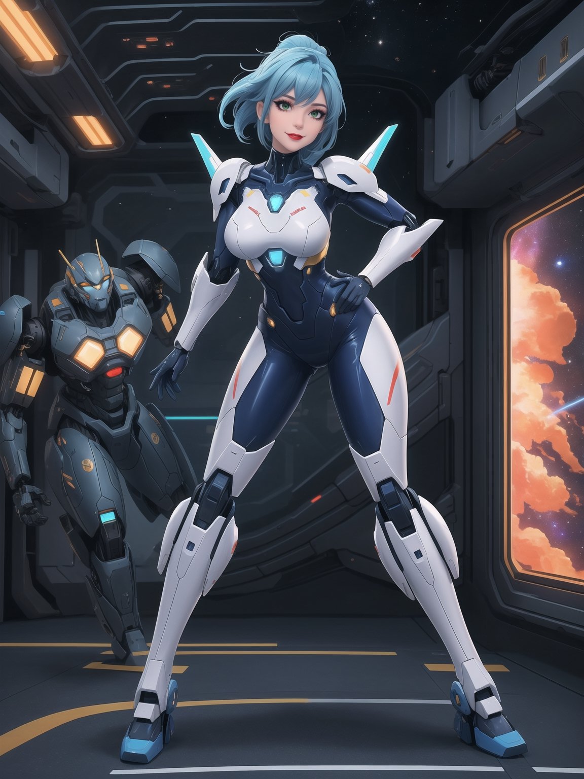 A woman is wearing an all-white mecha costume, with blue parts and luminous couplings. The mecha suit is very tight on the body and has cybernetic armor. She has gigantic breasts and short, blue, mohawk hair with a fringe that falls in front of her eyes. She is looking directly at the viewer. She is in an alien aircraft filled with technological structures, machines, computers and aliens armed with lasers. The aircraft has elevators and windows that show outer space, ((She is striking a sensual pose, leaning on anything or object, resting and leaning against herself over it)), ((full body)), super_metroid, mecha, UHD, best possible quality, ultra detailed, best possible resolution, Unreal Engine 5, professional photography, perfect hand, fingers, hand, perfect, More detail,