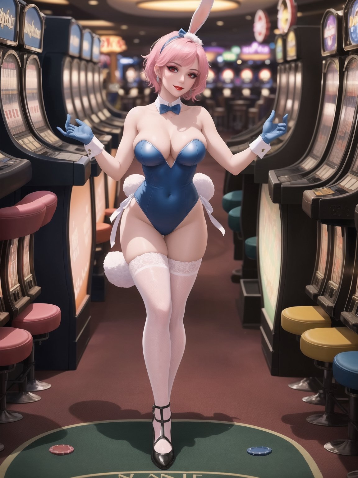 A bunny woman is wearing a white bunny costume with sashes and ribbons in blue. The costume is quite tight on the body, and she is wearing white lycra stockings and black shoes. She is also wearing bunny ears and Bunny paw gloves. She has large breasts, short pink hair, Mohawk, very short hair and shiny hair. She is looking directly at the viewer. She is in a casino in Las Vegas with lots of slot machines, lots of poker and card tables, lots of gambling tables. The casino is crowded with people with different ethnicities. ((She is striking a sensual pose, leaning on anything or object, resting and leaning against herself over it)). ((full body)), ultra futuristic, UHD, best possible quality, ultra detailed, best possible resolution, Unreal Engine 5, professional photography, perfect hand, fingers, hand, perfect, More detail,