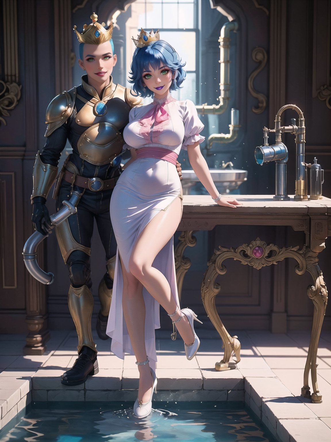 Princess Peach, has gigantic breasts, wearing long all white dress with pink sashes, tight dress on the body, looking directly at the viewer, ((wearing a crown)), short hair, blue hair, mohawk hair, hair with bangs in front of her eyes, she is in a house all made of colored pipes, with furniture made of pipes, large pipes with running water, Super Mario Bros, 16K, UHD, best possible quality, ultra detailed, best possible resolution, ultra technological, futuristic, robotic, Unreal Engine 5, professional photography, she is, ((sensual pose with interaction and leaning on anything + object + on something + leaning against)), perfect anatomy, ((full body)), better_hands, More detail,