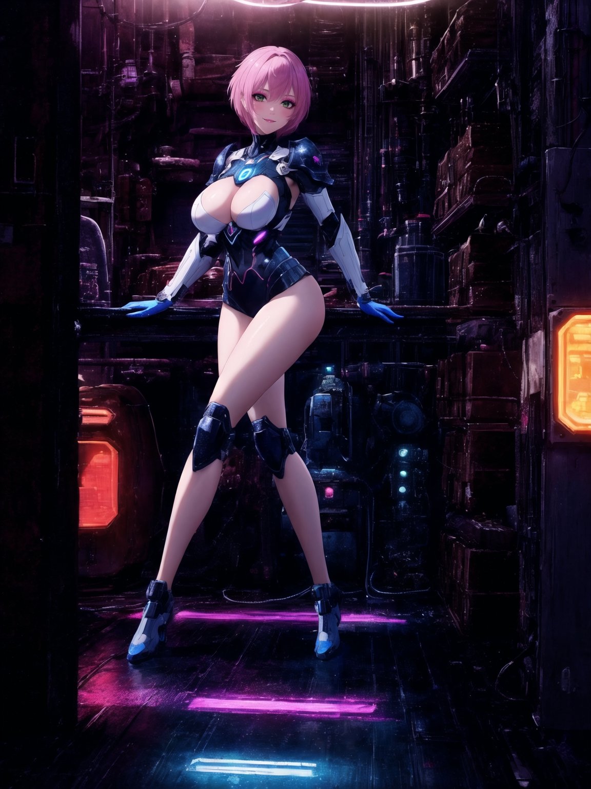 A woman, with (gigantic breasts), with wosawe cyber Armor All White, wosawe cyber armor small parts in blue, wosawe cyber armor with lights attached, pink hair, short hair, hair with bangs in front of her eyes, she is a garage, with many futuristic cars, food machines, video games, 16K, UHD, best possible quality, ultra detailed, best possible resolution, ultra technological, cyberpunk, robotic, Unreal Engine 5, professional photography, she is,  ((sensual pose with interaction and leaning on anything + object + on something + leaning against)) + perfect_thighs, perfect_legs, perfect_feet, better_hands, ((full body)), More detail,