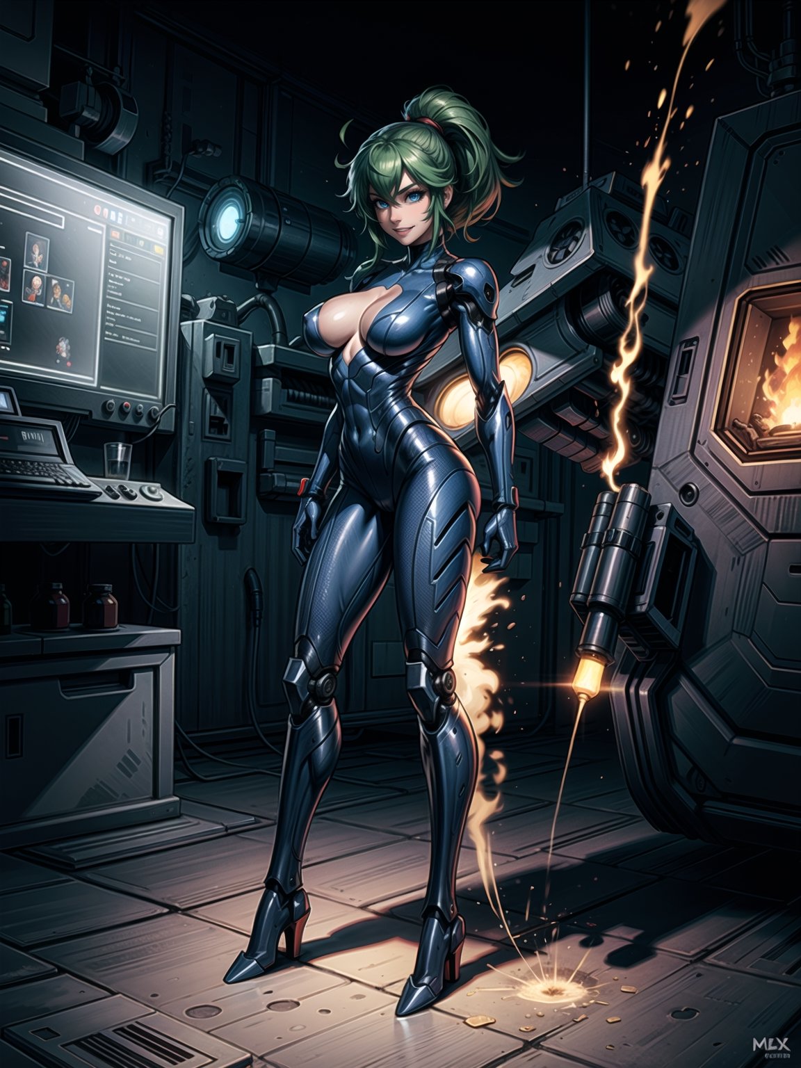 A woman, wearing mecha suit+mecha armor+Bionic armor, blue suit with blank parts, gigantic breasts, helmet with glass visor, green hair, extremely short hair, rebellious hair, hair with ponytail, hair with bangs in front of the eye, looking at the viewer, (((sensual pose+Interacting+leaning on anything+object+leaning against+existing in the image))), in the underworld at night with many machines, robots, machines, metal structures, ((full body):1.5), 16K, UHD, Unreal Engine 5, quality max, max resolution, ultra-realistic, ultra-detailed, maximum sharpness, ((perfect_hands):1), Goodhands-beta2, [megaman, super metroid], ((mecha))