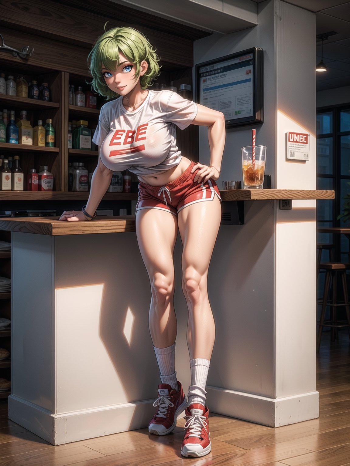 A woman, wearing ((white T-shirt with red stripes with logo:"EB", short red shorts with stripes, long white sock and sneakers, gigantic breasts)), short hair, green hair, curly hair, messy hair, hair with bangs in front of her eyes, (((looking at the viewer, sensual pose with interaction and leaning on anything+object+on something+leaning against+leaning against))) in a diner full of people, with counter, tables and chairs, soda machines, ((full body):1.5); 16K, UHD, unreal engine 5, quality max, max resolution, ultra-realistic, ultra-detailed, maximum sharpness, ((perfect_hands):1), Goodhands-beta2,