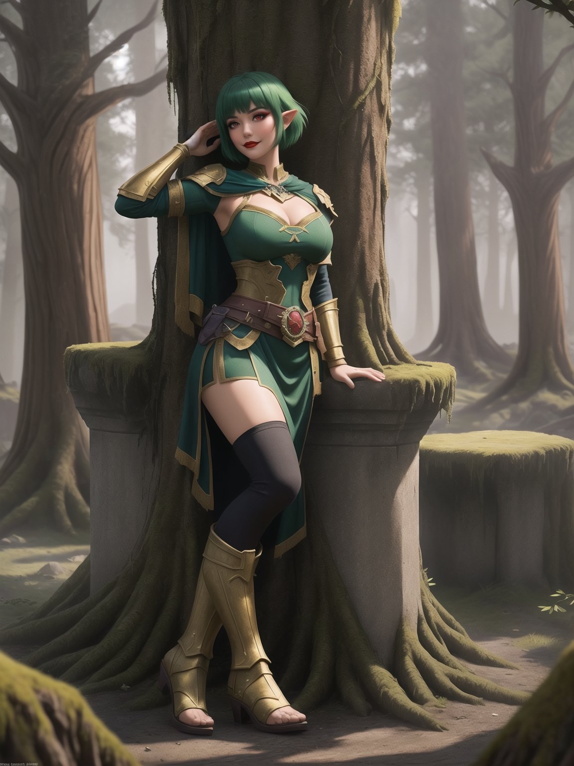 A woman wearing a tight-fitting golden medieval armor with gigantic breasts, green hair with bangs in front of her eyes and very short hair is staring fixedly at the viewer. She is in a completely destroyed castle with many moss-covered stone structures, trees, tree trunks, stone pillars with ancient inscriptions and lots of vegetation. ((She is striking a sensual pose, leaning on anything or object, resting and leaning against herself over it)). ((full body)), warcraft, legend_of_zelda, UHD, best possible quality, ultra detailed, best possible resolution, Unreal Engine 5, professional photography, perfect hand, fingers, hand, perfect, More detail,