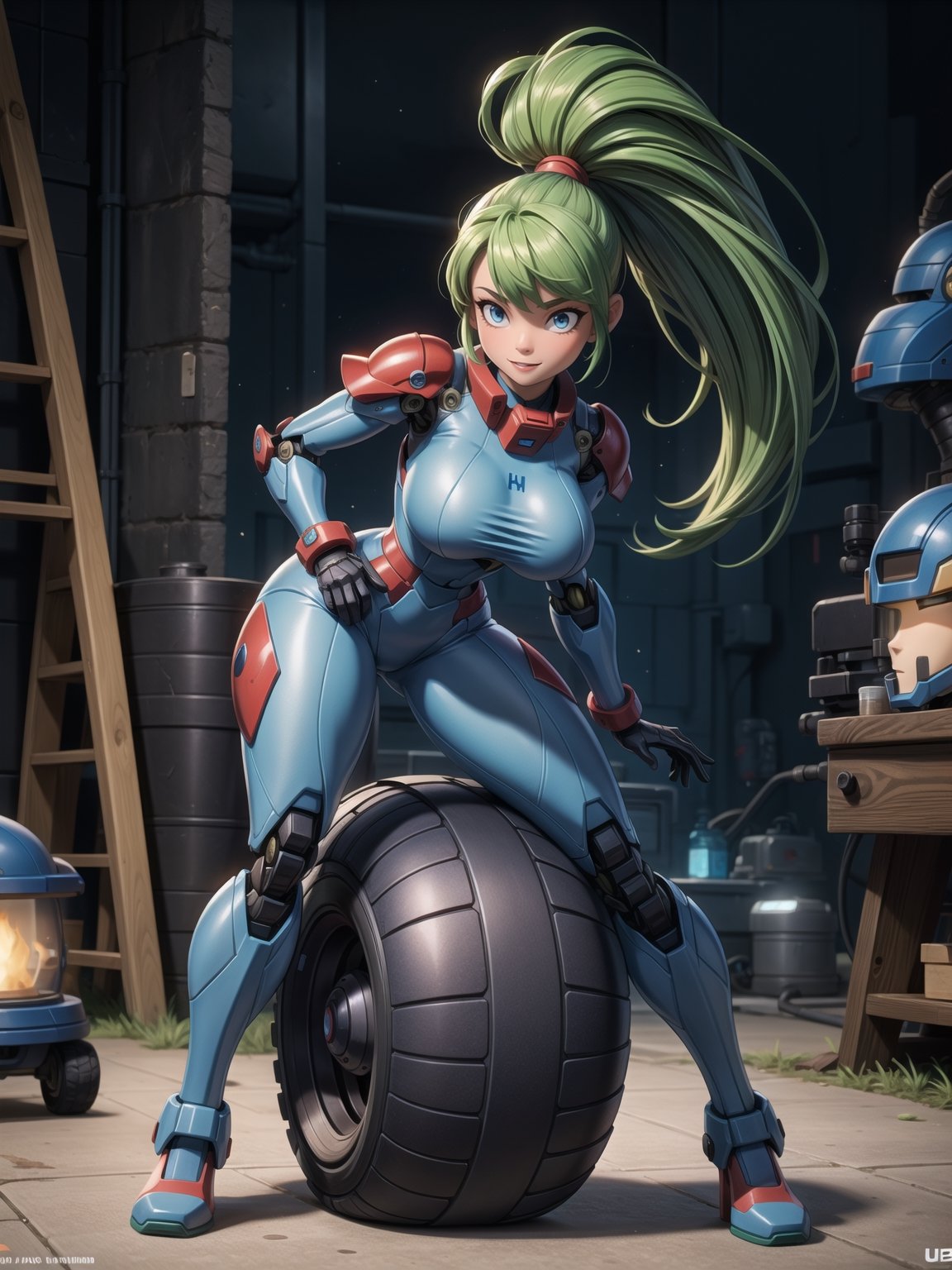 A woman, wearing mecha suit+mecha armor+Bionic armor, blue suit with blank parts, gigantic breasts, helmet with glass visor, green hair, extremely short hair, rebellious hair, hair with ponytail, hair with bangs in front of the eye, looking at the viewer, (((sensual pose+Interacting+leaning on anything+object+leaning against+existing))) in the underworld at night, with many machines, robots, machines, metal structures, ((full body):1.5), 16K, UHD, Unreal Engine 5, quality max, max resolution, ultra-realistic, ultra-detailed, maximum sharpness, ((perfect_hands):1), Goodhands-beta2, [megaman, super metroid], ((mecha))