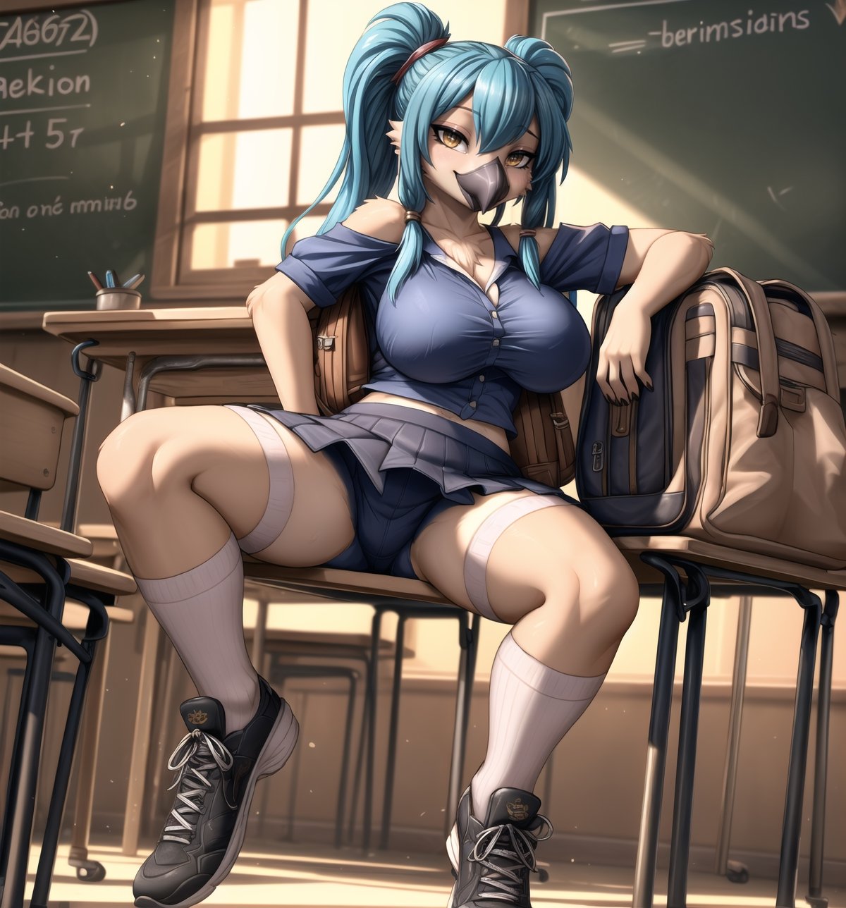 ((Ultra-detailed 4K image with sensual anime style, rendered using Unreal Engine 5 technology):1.2). | Daiana, a sensual and provocative 22-year-old female parrot, is positioned in a dimly lit classroom. Her curvaceous body is highlighted by a tight school outfit, consisting of a white t-shirt with buttons, a black accordion skirt, long lycra socks reaching the height of the crotch, black shoes and a school backpack on her back. Her long blue hair with two long pigtails with metallic clips, straight and silky hair, falls softly on her shoulders. Her yellow eyes stare at the viewer with a seductive expression, while she smiles with her bright beak. | Composition at a general shot angle, emphasizing Daiana's sensual figure and the elements of the classroom. The old and worn school structures, large wooden table, blackboard and closed windows create a realistic and immersive environment. The dim, yellow lighting adds a sensual touch to the scene, creating dramatic shadows and highlighting the scene's details. | Soft, moody lighting effects create a mysterious and sensual atmosphere, while detailed textures on the structures and costume add realism to the image. | A sensual anime scene featuring Daiana, a female parrot, in a dimly lit classroom, combining cartoon and sensual anime art styles powered by Unreal Engine 5. | (((((The camera reveals a full-body-shot as she assumes a sensual-pose, engagingly leaning against a structure within the scene in an exciting manner. She takes on a sensual-pose as she interacts, boldly leaning on a structure, leaning back in an exciting way))))). | ((perfect anatomy, perfect body)), ((((perfect pose)))), ((perfect fingers, better hands, perfect hands, perfect legs, perfect feet)), (((perfect_breasts, huge_breasts))), ((perfect design, correct errors, perfect composition, very detailed scene, very detailed background, correct imperfections, perfect layout):1.2), ((More Detail, Enhance))