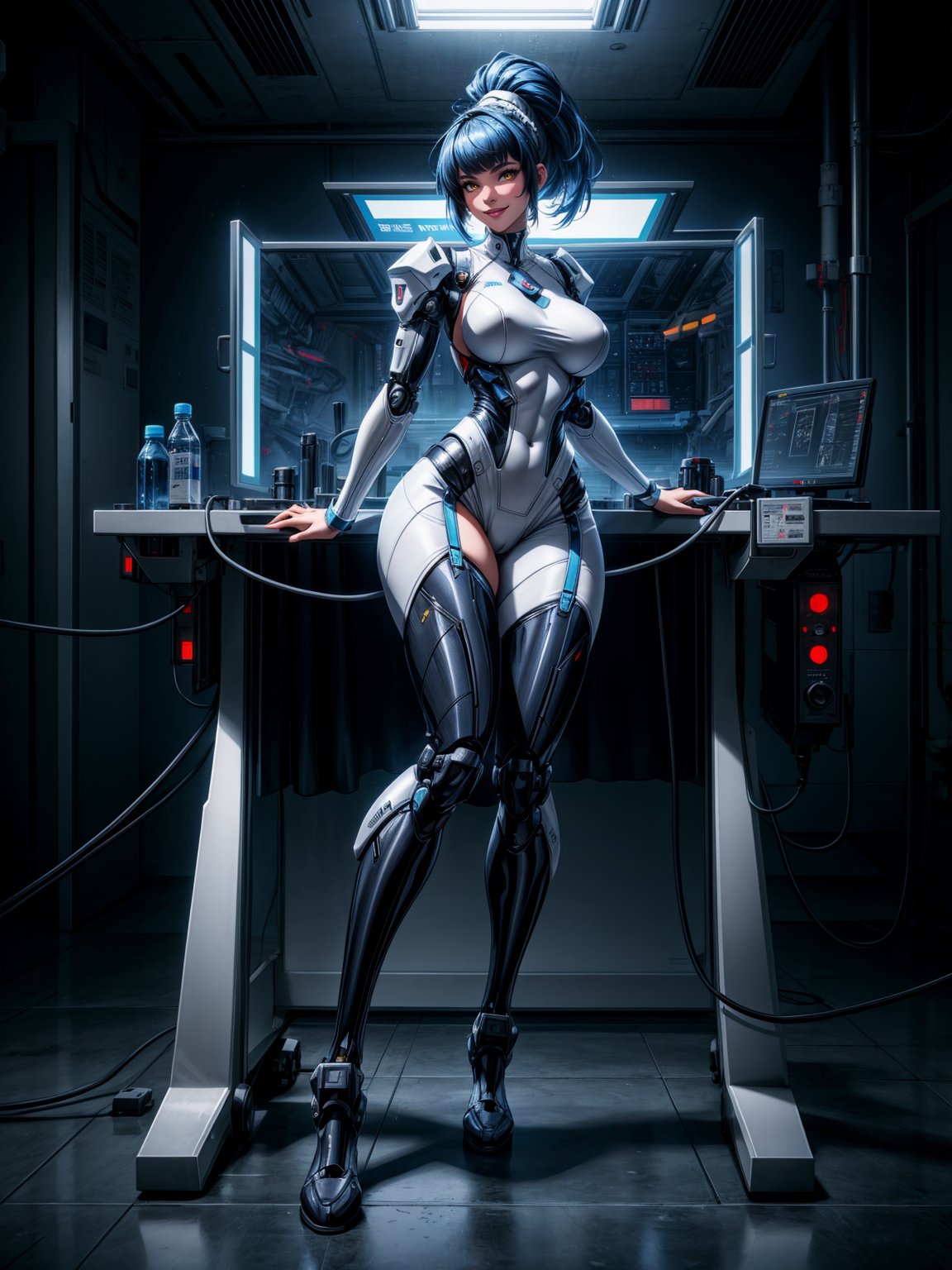 A woman, wearing maid's costume style white mecha with black parts, extremely glued to the body, synthetic costume, gigantic breasts, very short blue hair, hair with ponytail, bangs in front of the eyes, looking at the viewer, (((erotic pose interacting and leaning on an object))), in a laboratory, machines, robots, vehicles, window with the city being shown on the outside,  lights on the walls, ((full body):1.5). 16k, UHD, best possible quality, ((best possible detail):1), best possible resolution, Unreal Engine 5, professional photography
