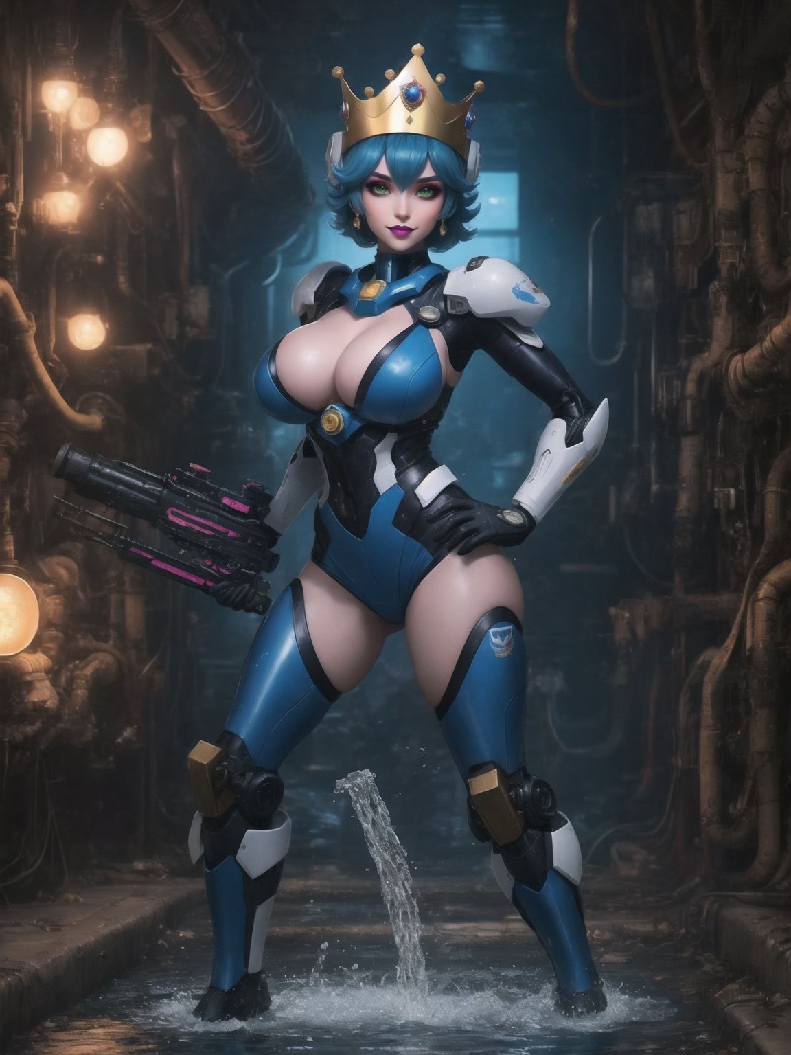 [Princess Peach], has gigantic breasts, wearing mecha costume with parts in blue, mecha costume totally white, mecha costume very tight on the body, ((wearing a crown+cyber helmet)), short hair, blue hair, mohawk hair, hair with bangs in front of her eyes, she is in the sewer, with many pipes coming out water, luminous pipes, large pipe structures, dirty water waterfall, Super Mario Bros, 16K, UHD, best possible quality, ultra detailed, best possible resolution, ultra technological, futuristic, robotic, Unreal Engine 5, professional photography, she is, ((sensual pose with interaction and leaning on anything + object + on something + leaning against)), perfect anatomy, ((full body)), More detail, better_hands.