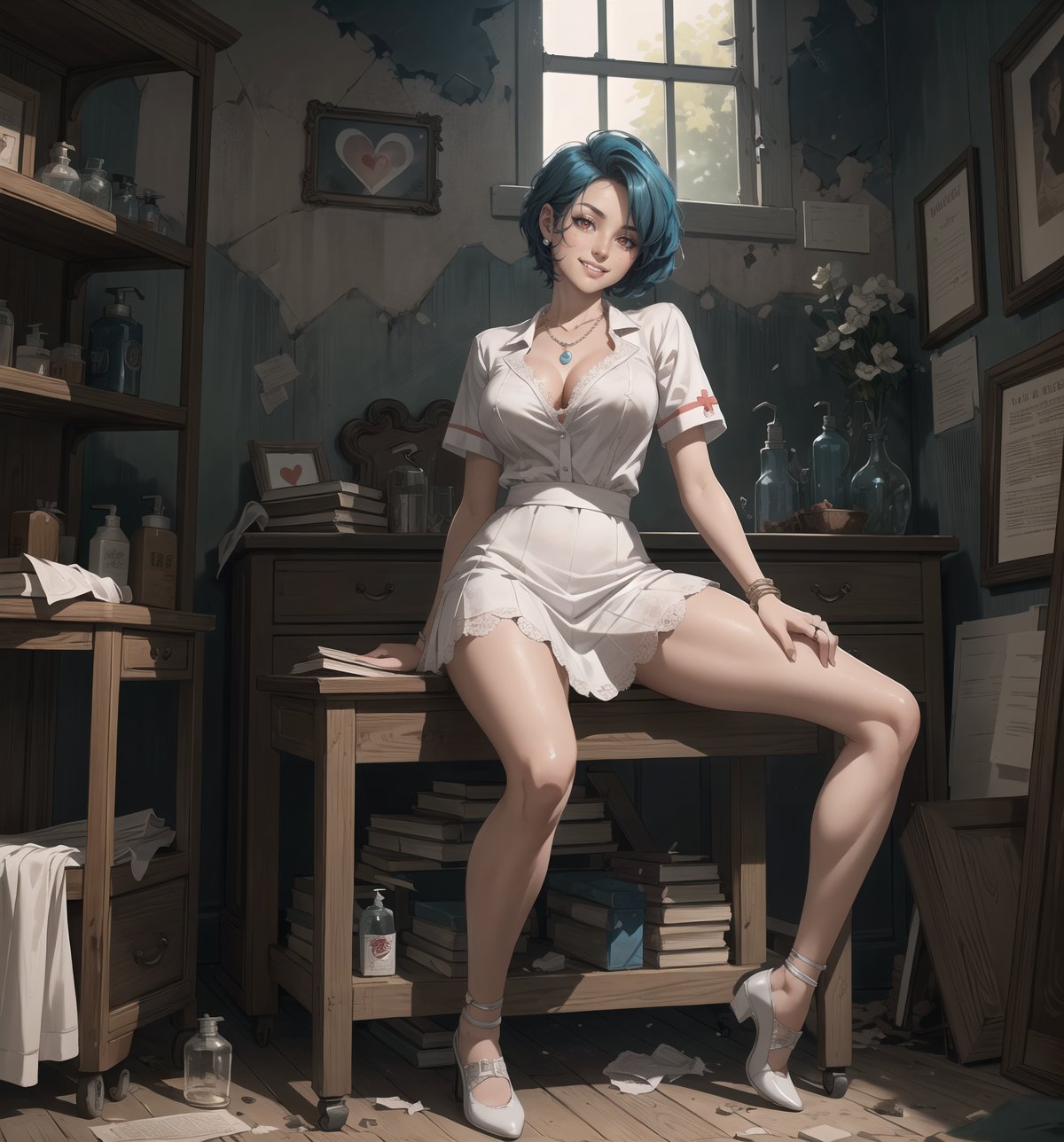 Image in a macabre style fused with elements of realism, rendered in ultra-high resolution with graphic details. | A young 20-year-old woman with short blue hair styled to the side, is positioned in an old and destroyed macabre hospital. She wears a nurse's outfit consisting of a white blouse, a white skirt with lace, white stockings, and low-cut white shoes. She also wears accessories such as a pearl necklace, a heart-shaped pendant, a silver bracelet, and a ring with a pink stone. The colors and materials are faithful to the hospital environment, with shades of white, blue, and metal. She has red eyes that gleam intensely as she looks with determination and curled lips, (((smiling))), showing her teeth, staring directly at the viewer. The facial expression is intense and challenging, and the voice tone is strong and confident. | The image highlights the imposing figure of the young woman and the architectural elements of the hospital. The wooden structures, such as beds with torn mattresses, cabinets with broken shelves, and chairs with broken legs, along with the metal structures, such as carts with rusted wheels, lamps with broken bulbs, and tables with drawers without bottoms, create a scary and desolate environment. The bathroom with a toilet, sink, and shower, wooden shelf with jars and bottles, and wooden table with books and papers, add details to the scene. The dirty and cracked walls, the ruined ceiling, and the floor full of debris, reinforce the atmosphere of fear and desolation. | Soft and dark lighting effects create a tense and desire-filled atmosphere, while detailed textures on the skin, outfit, and structures add realism to the image. | A daring and provocative scene of a young woman dressed as a nurse in an old and destroyed macabre hospital, exploring themes of desire, fear, and desolation. | (((((The image reveals a full-body_shot as she assumes a sensual_pose, leaning against a structure within the scene in an engaging and exciting manner. She assumes a sensual_pose as she interacts, boldly leaning on a structure and leaning back in an exciting manner.))))). | ((perfect_body)), ((perfect_pose)), ((full-body_shot)), ((perfect_fingers, better_hands, perfect_hands)), ((perfect_legs, perfect_feet)), ((perfect_design)), ((perfect_composition)), ((very detailed scene, very detailed background, perfect_layout, correct_imperfections)), More Detail, Enhance