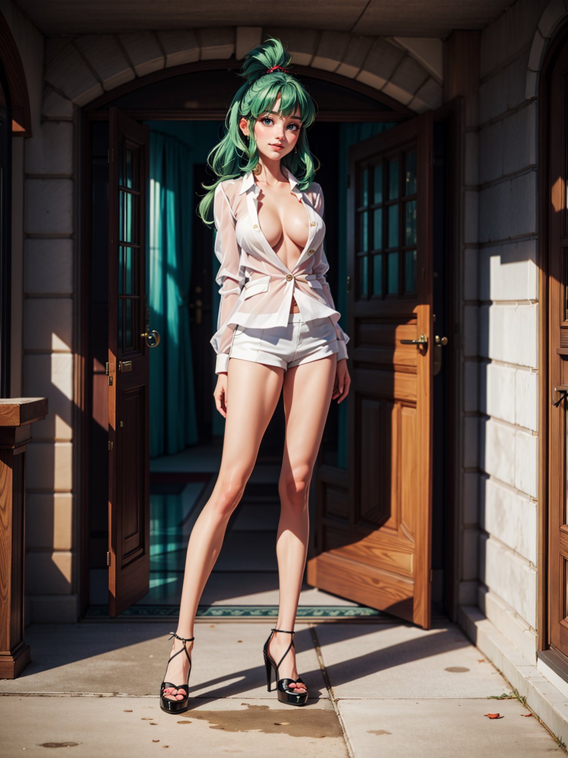 ((full body, standing):1.5), {((1 woman))}, {((white suit made of very thin and transparent silk, black extremely transparent silk shorts, no underwear, no panties, no bra)), ((extremely big breasts)), ((green hair, very short mohawk, blue eyes)) looking at the viewer, smiling, very happy, ((striking an erotic pose)), ((on a balcony in front of a blue glass door, entrance to a hotel room, several people inside the room, people with different ethnicities))}, 16k, best quality, best resolution, best sharpness, ultra detailed,