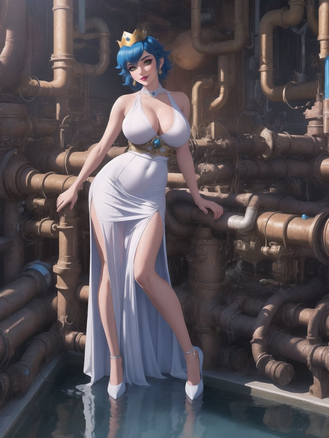 Princess Peach, has gigantic breasts, wearing long all white dress with pink sashes, tight dress on the body, looking directly at the viewer, ((wearing a crown)), short hair, blue hair, mohawk hair, hair with bangs in front of her eyes, she is in a house all made of colored pipes, with furniture made of pipes, large pipes with running water, Super Mario Bros, 16K, UHD, best possible quality, ultra detailed, best possible resolution, ultra technological, futuristic, robotic, Unreal Engine 5, professional photography, she is, ((sensual pose with interaction and leaning on anything + object + on something + leaning against)), perfect anatomy, ((full body)), better_hands, More detail,