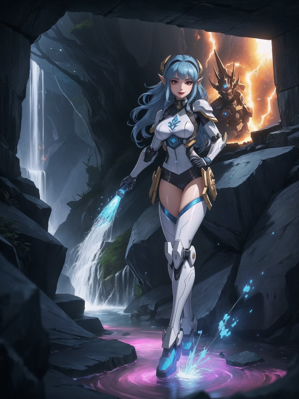 Princess Zelda is wearing a white mecha armor with blue parts and lights attached. The mecha costume is tight on her body, her breasts are gigantic. She is wearing a cyber helmet with a transparent visor. Her hair is blue, curly, short and has bangs in front of her eyes. She is looking directly at the viewer. She is in an alien dungeon inside a cave with a waterfall of glowing lava, many large rock structures, large machines with electricity and blinding light, large pipes with running water and monsters swimming in the waterfall, ((She is striking a sensual pose, leaning on anything or object, resting and leaning against herself over it)), ((full body)), mecha, warcraft, UHD, best possible quality, ultra detailed, best possible resolution, Unreal Engine 5, professional photography, perfect hand, fingers, hand, perfect, More detail,