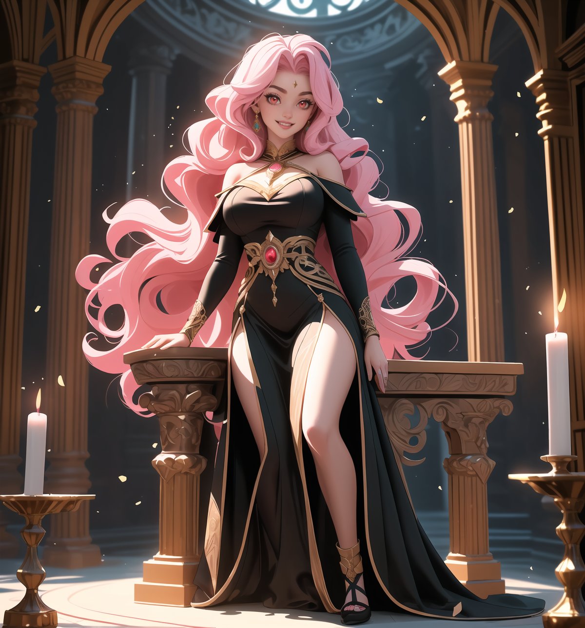 An ultra-detailed 4K masterpiece with fantasy and adventure styles, rendered in ultra-high resolution with stunning graphical detail. | Maiya, a 23-year-old sorceress woman, dressed in a black sorceress costume consisting of a long hooded tunic, adorned with mystical symbols in silver. Her long, wavy ((pink hair)) falls over her shoulders, giving her a mysterious and charming look. ((His red eyes are fixed on the viewer, smiling and showing his white teeth)). | The image highlights Maiya's imposing figure and the architectural elements of the shadow temple in which she finds herself. The black rock structures and black marble statues, along with the sorceress, create a dark and mystical environment. Lighted candles spread across the floor create dramatic shadows and highlight the details of the scene. | Soft, shadowy lighting effects create a tense, mysterious atmosphere, while rough, detailed textures on structures and costumes add realism to the image. | An exciting and adventurous scene of a sorceress woman in a temple of shadows, exploring themes of magic, mystery and determination. | (((The image reveals a full-body shot as Maiya assumes a sensual pose, engagingly leaning against a structure within the scene in an exciting manner. She takes on a sensual pose as she interacts, boldly leaning on a structure, leaning back and boldly throwing herself onto the structure, reclining back in an exhilarating way.))). | ((((full-body shot)))), ((perfect pose)), ((perfect arms):1.2), ((perfect limbs, perfect fingers, better hands, perfect hands, hands)), ((perfect legs, perfect feet):1.2), ((perfect design)), ((perfect composition)), ((very detailed scene, very detailed background, perfect layout, correct imperfections)), Enhance, Ultra details, More Detail, ((poakl)),poakl