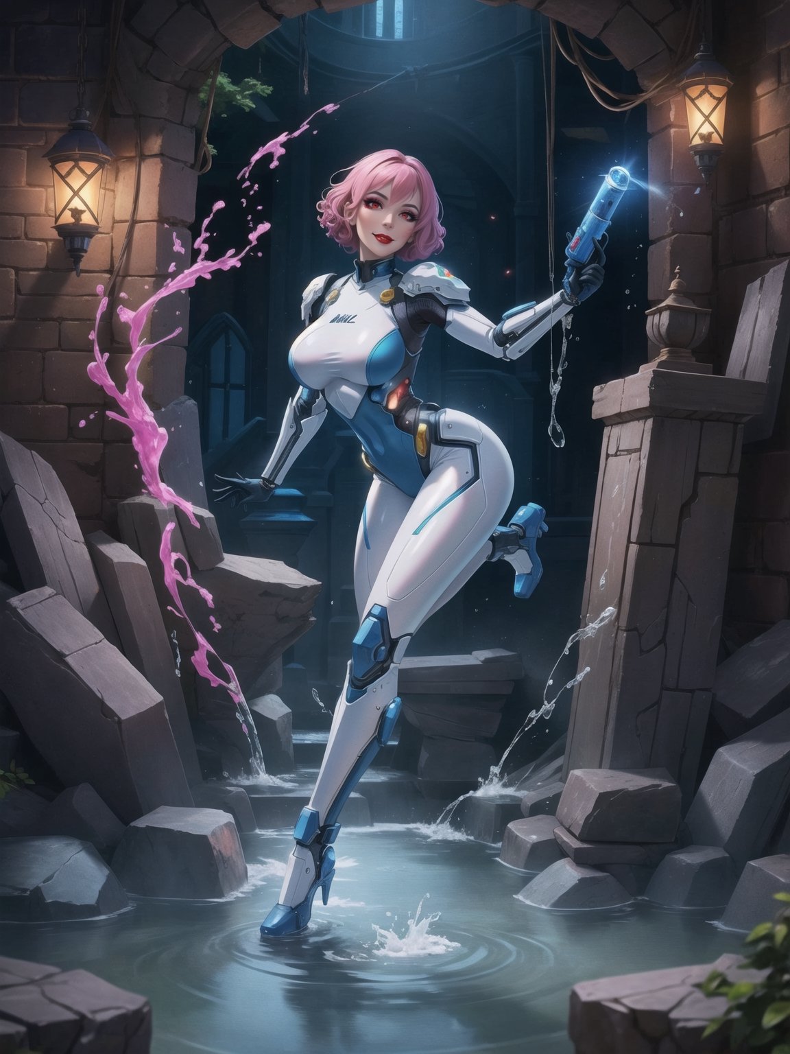 A woman, she is wearing an all-white cybernetic suit, a cybernetic suit with blue parts, a very tight cybernetic suit on her body, she has gigantic breasts, very short hair, pink hair, curly hair, hair with bangs in front of her eyes, she is looking directly at the viewer, she is in a dungeon, with large stone structures, many technological machines, many luminous pipes with running water, altars, figurines, warcraft, ((full body)),  UHD, best possible quality, ultra detailed, best possible resolution, ultra technological, Unreal Engine 5, professional photography, she is doing (sensual pose with interaction and leaning on anything) + (object + on something + leaning against), perfect, More detail,