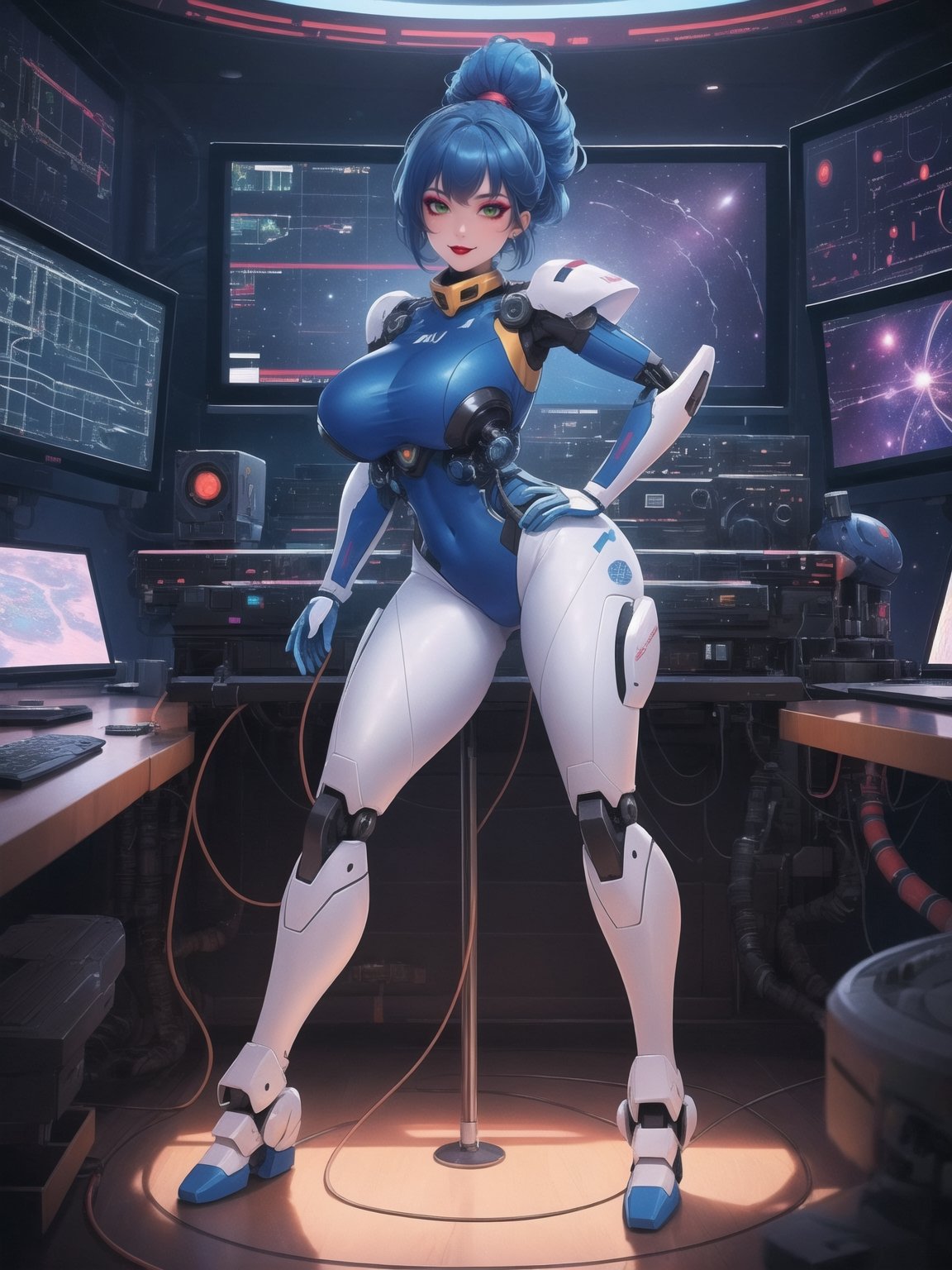 A woman, wearing a mecha suit with blue parts, all white suit, cybernetic armor suit, suit with attached lights, gigantic breasts, full body covering suit, suit very tight on the body, synthetic suit, very short hair, blue hair, mohawk hair, hair with bangs in front of the eyes, she's looking directly at the viewer, she is in an alien aircraft in the control room, with many computers, control panels, display showing outer space, mecha robots, pipes with flowing electricity, UHD, best possible quality, ultra detailed, best possible resolution, ultra technological, futuristic, robotic, Unreal Engine 5, professional photography, ((she is doing sensual pose with interaction and leaning on anything + object + on something + leaning against)), ((full body)), better hands, More detail. Marge Simpson