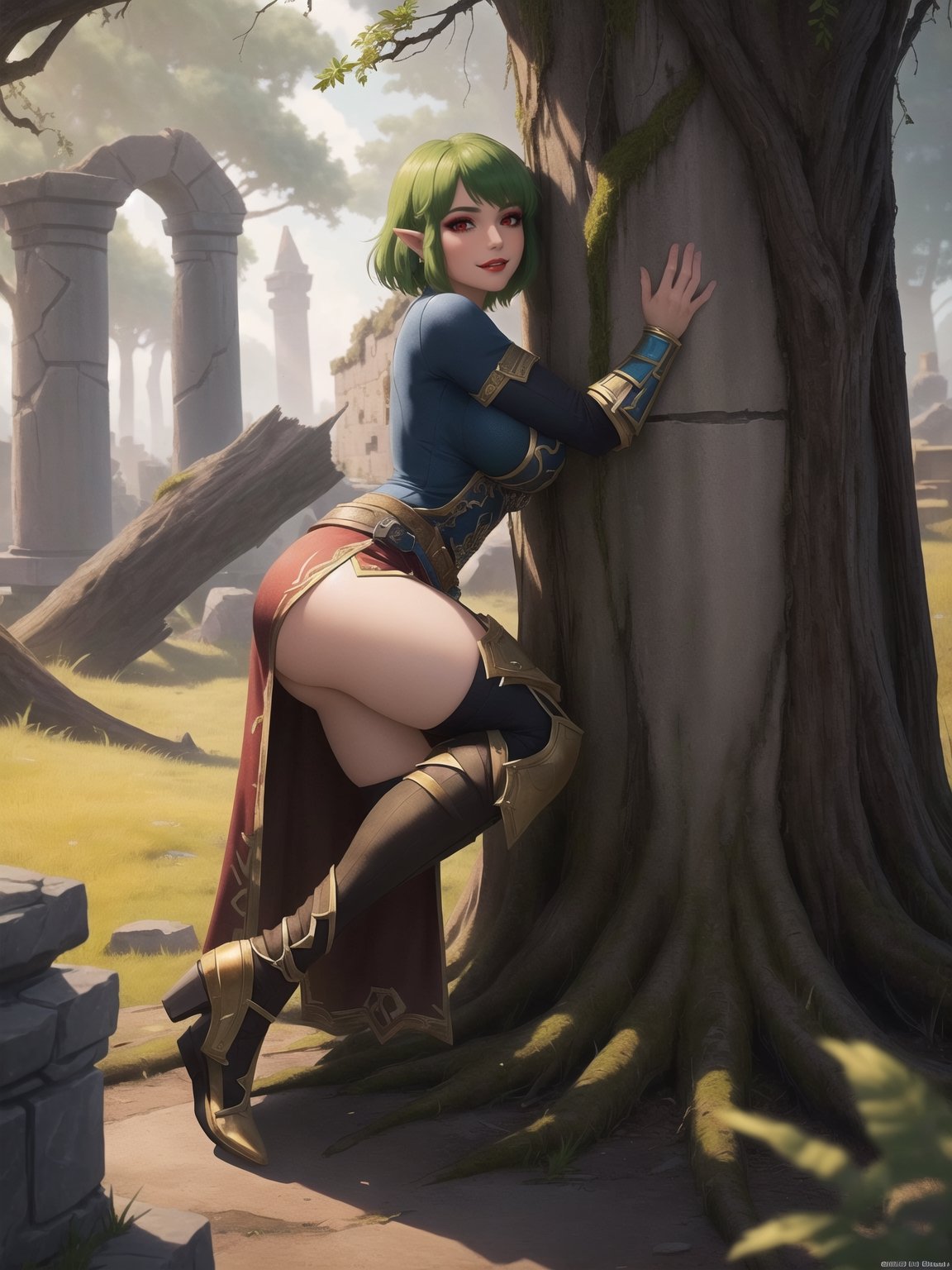 A woman wearing a tight-fitting golden medieval armor with gigantic breasts, green hair with bangs in front of her eyes and very short hair is staring fixedly at the viewer. She is in a completely destroyed castle with many moss-covered stone structures, trees, tree trunks, stone pillars with ancient inscriptions and lots of vegetation. ((She is striking a sensual pose, leaning on anything or object, resting and leaning against herself over it)), ((full body)), warcraft, legend_of_zelda, UHD, best possible quality, ultra detailed, best possible resolution, Unreal Engine 5, professional photography, perfect hand, fingers, hand, perfect, More detail,