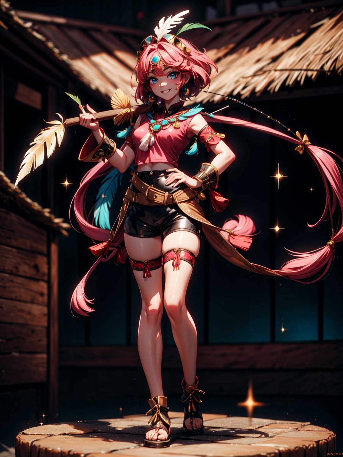 ((full body, standing):1.5), {((1 woman))}, {((wearing brown leather indian clothes with feathers extremely tight and short on the body, short leather shorts and short velvet)), ( (extremely gigantic and firm breasts)), ((short pink hair, mohawk, sparkling blue eyes, wearing small feathered headdress)), ((looking at viewer, maniacal smile, doing erotic pose, holding a bow and arrow )), ((in an indigenous village with several Indians, Indians in their homes))}, 16k, high quality, high detail, UHD