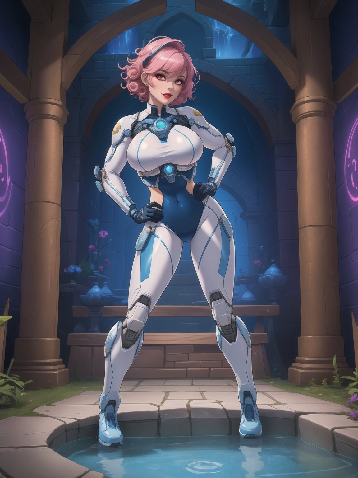 A woman, she is wearing an all-white cybernetic suit, a cybernetic suit with blue parts, a very tight cybernetic suit on her body, she has gigantic breasts, very short hair, pink hair, curly hair, hair with bangs in front of her eyes, she is looking directly at the viewer, she is in a dungeon, with large stone structures, many technological machines, many luminous pipes with running water, altars, figurines, warcraft, ((full body)),  UHD, best possible quality, ultra detailed, best possible resolution, ultra technological, Unreal Engine 5, professional photography, ((she is doing sensual pose with interaction and leaning on anything, structures+object+on something+leaning against)), perfect, More detail,