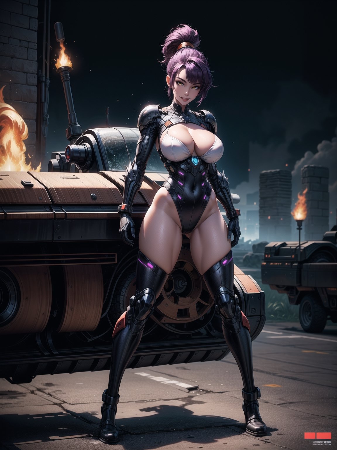 A woman, wearing white cybernetic armor with tight and tight red areas, gigantic breasts, wearing helmet with visor, purple hair, extremely short hair, rebellious hair, hair with ponytail, hair with bangs in front of the eye, looking at the viewer, (((sensual pose+Interacting+leaning on anything+object+leaning against))), on a battlefield with machines, stone structures, military vehicles, fire everywhere, ((full body):1.5), 16K, UHD, unreal engine 5, quality max, max resolution, ultra-realistic, ultra-detailed, maximum sharpness, ((perfect_hands):1), Goodhands-beta2, ((technological))