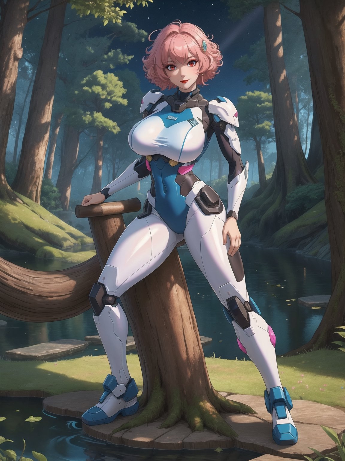 A woman is wearing an all-white mecha suit with blue parts. The mecha suit is very tight on her body, she has gigantic breasts. She has very short, pink, curly hair, with bangs in front of her eyes. She is looking directly at the viewer. She is in a magical forest with lots of trees, wooden structures and large tree trunks. It's night, there are many altars with ancient relics and a large pond, ((full body)), UHD, best possible quality, ultra detailed, best possible resolution, ultra technological, Unreal Engine 5, professional photography, she is doing (sensual pose with interaction and leaning on anything) + (object + on something + leaning against), perfect, More detail,