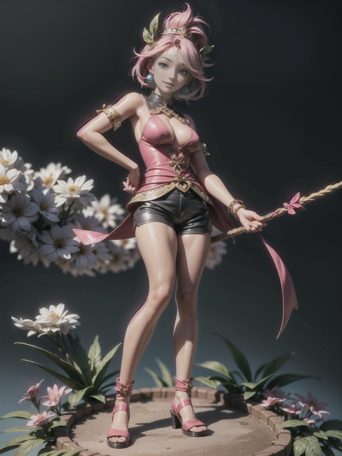 ((full body, standing):1.5), {((1 woman))}, {((wearing brown leather indian clothes, extremely tight and short in the body, short leather shorts and short velvet)), ((big breasts)), ((short pink hair, mohawk, sparkling blue eyes, wearing small feathered headdress)), ((looking at viewer, maniacal smile, making erotic pose, holding a bow and arrow)), ((in an indigenous village, cloudy sky, it's daytime, plants and flowers, Indians of different ethnicities))}, 16k, high quality, high detail, UHD