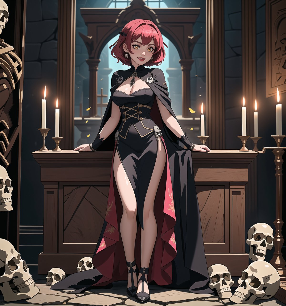 An ultra-detailed 16K masterpiece with fantasy and adventure stylings, rendered in ultra-high resolution with impressive graphic detail. Darla, a 23-year-old young woman, is wearing an executioner's outfit consisting of a black suit, a black cape, black boots and black gloves. Her short pink hair is styled in a Mohican cut, with gradient effects. She has golden eyes, looking at the viewer while smiling, showing her teeth and wearing red lipstick. She is located inside an ancient castle, destroyed, old, filthy, with rock structures, wooden structures, ancient structures, tombstones, skulls and skeletons. The atmosphere is mysterious and tense, with melted wax candles, a stone sarcophagus and bones scattered across the floor. The image emphasises the imposing figure of Darla and the architectural elements of the castle. The rocky, wooden and ancient structures, together with the skulls and skeletons, create a spooky and mysterious atmosphere. The melted wax candles and stone sarcophagus add a gothic touch to the scene. Soft, sombre lighting effects create a tense, mysterious atmosphere, while rough, detailed textures on the structures and costume add realism to the image. | A tense and mysterious scene of a young woman dressed as an executioner in an old, destroyed castle, fusing elements of fantasy and adventure. (((The image reveals a full-body shot as Darla assumes a sensual pose, engagingly leaning against a structure within the scene in an exciting manner. She takes on a sensual pose as she interacts, boldly leaning on a structure, leaning back and boldly throwing herself onto the structure, reclining back in an exhilarating way.)). | ((((full-body shot)))), ((perfect pose)), ((perfect arms):1.2), ((perfect limbs, perfect fingers, better hands, perfect hands, hands)), ((perfect legs, perfect feet):1.2), ((perfect design)), ((perfect composition)), ((very detailed scene, very detailed background, perfect layout, correct imperfections)), Enhance, Ultra details++, More Detail, poakl