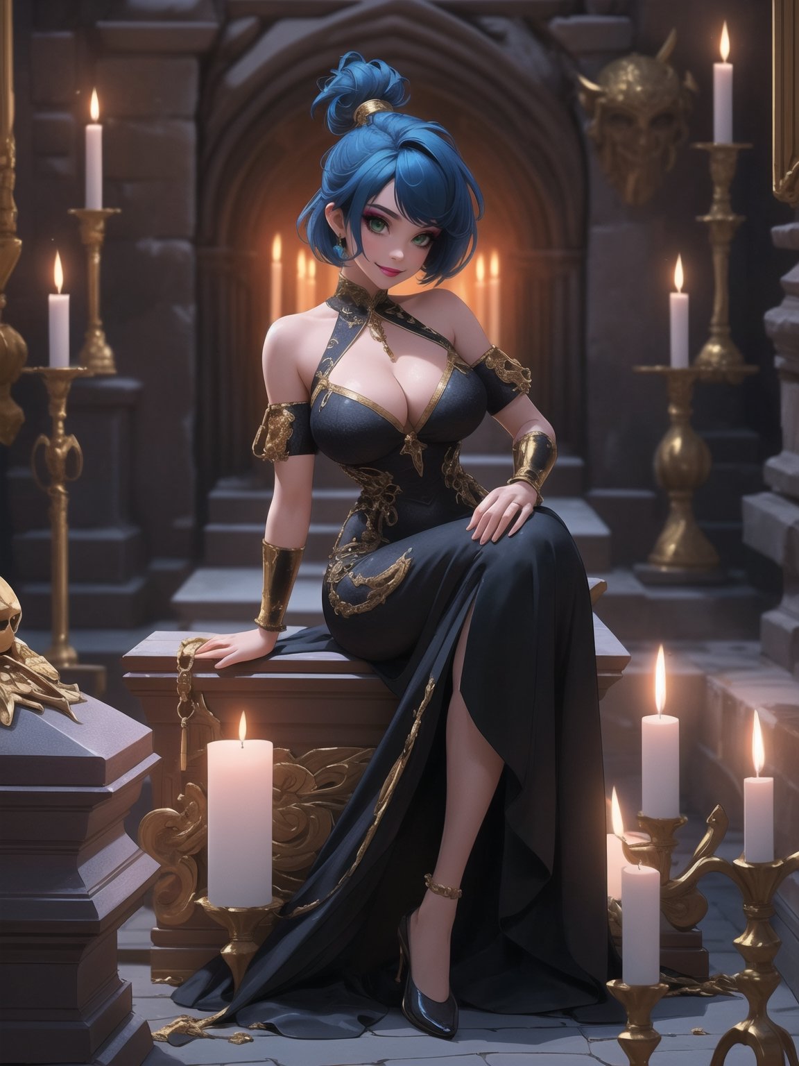 A woman, has gigantic breasts, wearing long black dress with golden bands, tight dress on the body, looking directly at the viewer, short hair, blue hair, mohawk hair, hair with bangs in front of her eyes, she is in an ancient tomb, all dirty, with large stone structures, altars, candles illuminating the place, very dark place, coffins, 16K, UHD, best possible quality, ultra detailed, best possible resolution, ultra technological, futuristic, robotic, Unreal Engine 5, professional photography, she is, ((sensual pose with interaction and leaning on anything + object + on something + leaning against)), perfect anatomy, ((full body)), better_hands. More detail