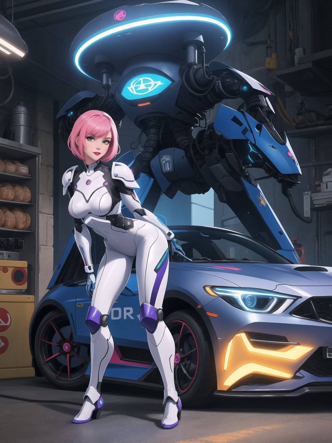 A woman, giant breasts, with wosawe cyber Armor All White, wosawe cyber armor small parts in blue, wosawe cyber armor with lights attached, pink hair, short hair, hair with bangs in front of her eyes, she is a garage, with many futuristic cars, food machines, video games, 16K, UHD, best possible quality, ultra detailed, best possible resolution, ultra technological, futuristic, robotic, Unreal Engine 5, professional photography, she is,  ((sensual pose with interaction and leaning on anything + object + on something + leaning against)) + perfect_thighs, perfect_legs, perfect_feet, better_hands, ((full body)), More detail,