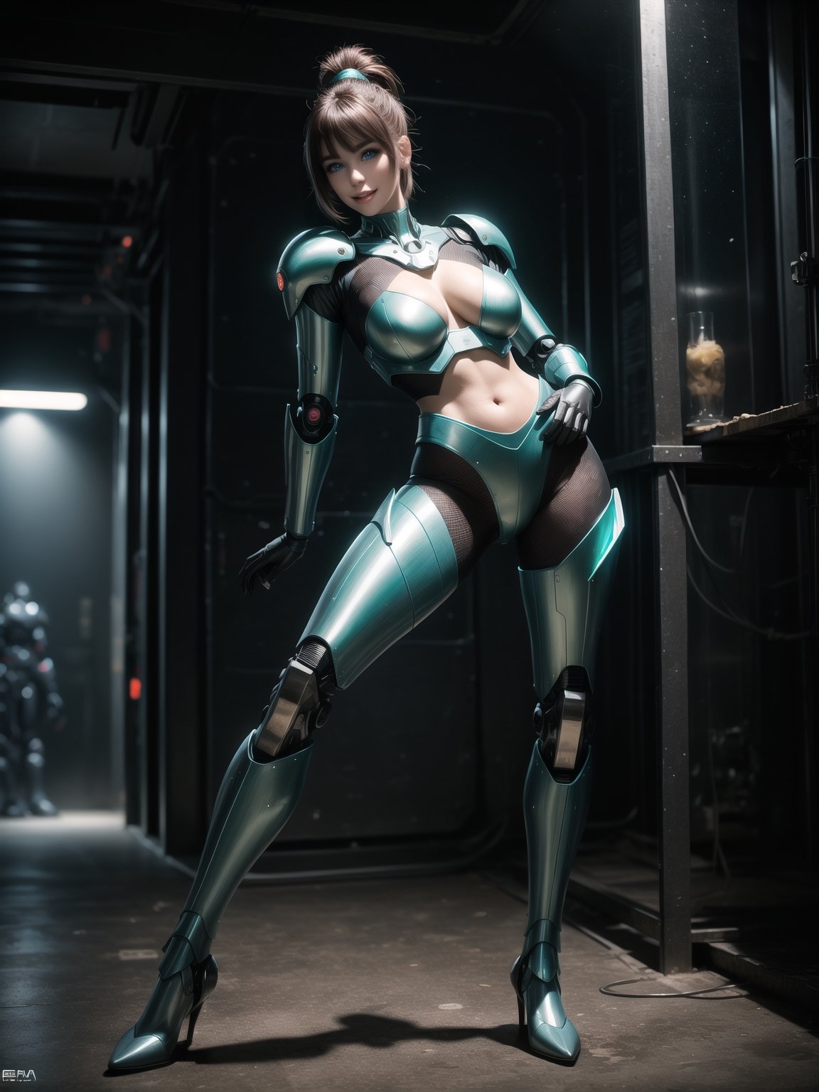 A woman, wearing mecha suit+mecha armor+Bionic armor, blue suit with blank parts, gigantic breasts, helmet with glass visor, green hair, extremely short hair, rebellious hair, hair with ponytail, hair with bangs in front of the eye, looking at the viewer, (((sensual pose+Interacting+leaning on anything+object+leaning against+existing))), in the underworld at night with many machines, robots, machines, metal structures, ((full body):1.5), 16K, UHD, Unreal Engine 5, quality max, max resolution, ultra-realistic, ultra-detailed, maximum sharpness, ((perfect_hands):1), Goodhands-beta2, [megaman, super metroid], ((mecha)), anime style