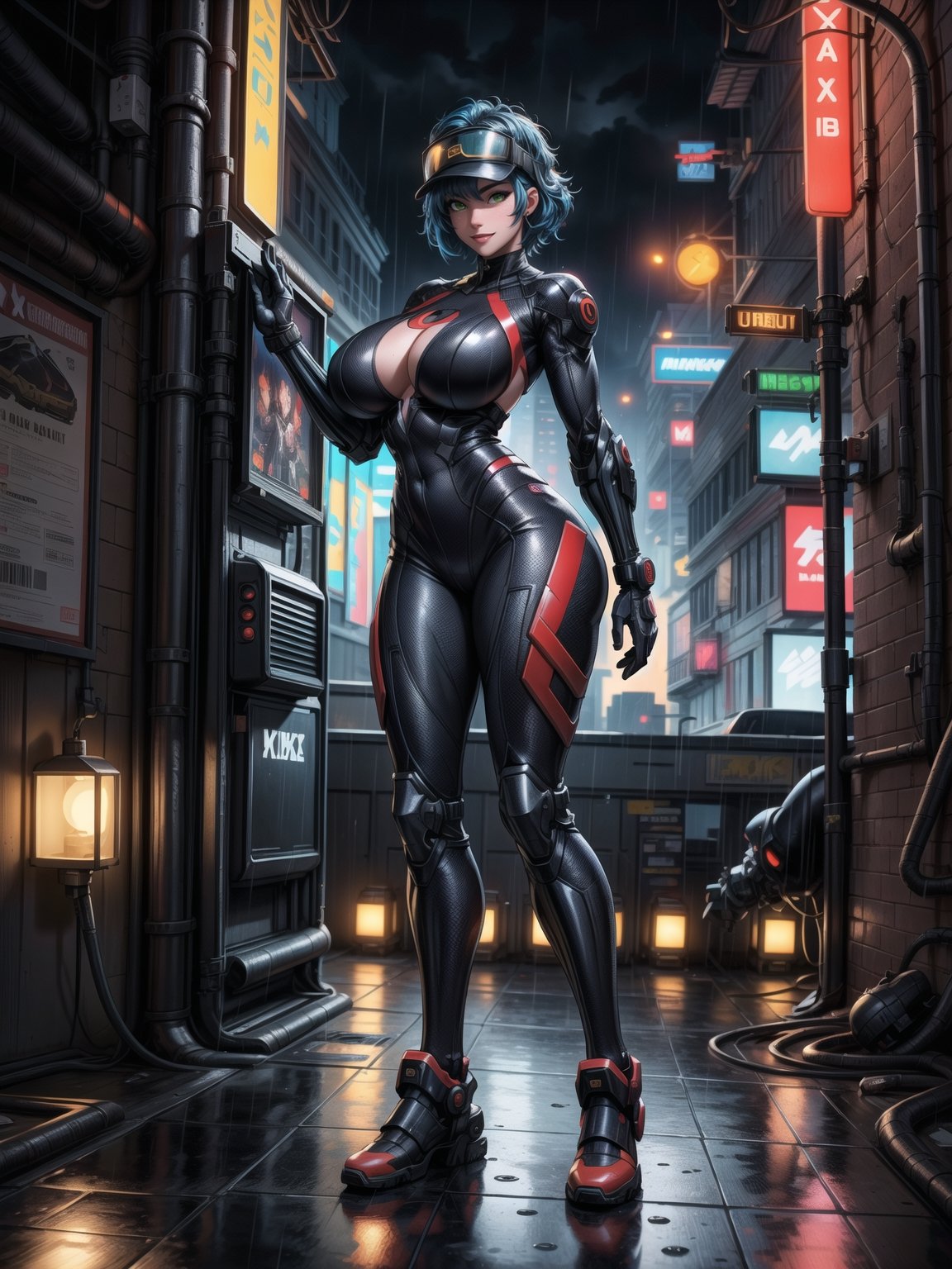 A woman, wearing ((wearing black heroic costume with parts in red+mecha costume with lights, helmet with visor, gigantic breasts)), short hair, blue hair, curly hair, messy hair, hair with bangs in front of eyes, (((looking at the viewer, sensual pose with interaction and leaning on anything+object+on something+leaning against+leaning against))) on top of a building at night raining hard with view of the city, with machines, advertising plates, ((full body):1.5); 16K, UHD, unreal engine 5, quality max, max resolution, ultra-realistic, ultra-detailed, maximum sharpness, ((perfect_hands):1), Goodhands-beta2, ((cyberpunk))