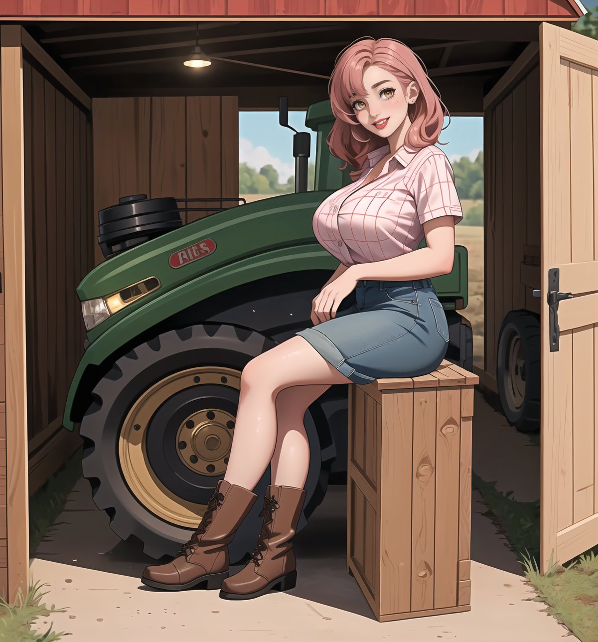 An ultra-detailed 16K masterpiece with Country and Rural styles, rendered in ultra-high resolution with extraordinary detail. | Darla, a young 23-year-old woman, is dressed in a farmer's outfit, consisting of a red and white plaid shirt, denim skirt and brown leather boots. Her pink hair is short and disheveled, with a modern and stylish cut. ((Her golden eyes are looking at the viewer, smiling and showing her teeth, with red lipstick on her lips)). She is in a shed on a farm, with wooden structures, concrete structures, crates, machines and tires around her. A tractor, a barn and a chicken coop adorn the scene. | The image highlights Darla's imposing figure and the rural elements of the shed. The wooden structures, concrete structures, crates, machines and tires, together with the tractor, barn and chicken coop, create a rural and welcoming environment. The shadows created by the warehouse lights highlight the details of the scene and create a mysterious atmosphere. | Soft, warm lighting effects create a welcoming, rural atmosphere, while detailed textures on skin, clothing, and structures add realism to the image. | Darla, a farmer in a shed, exploring themes of country, rurality and simplicity. | (((The image reveals a full-body shot as Darla assumes a sensual pose, engagingly leaning against a structure within the scene in an exciting manner. She takes on a sensual pose as she interacts, boldly leaning on a structure, leaning back and boldly throwing herself onto the structure, reclining back in an exhilarating way.))). | ((((full-body shot)))), ((perfect pose)), ((perfect arms):1.2), ((perfect limbs, perfect fingers, better hands, perfect hands, hands)), ((perfect legs, perfect feet):1.2), ((huge breasts))++, ((perfect design)), ((perfect composition)), ((very detailed scene, very detailed background, perfect layout, correct imperfections)), Enhance, Ultra details++, More Detail, poakl