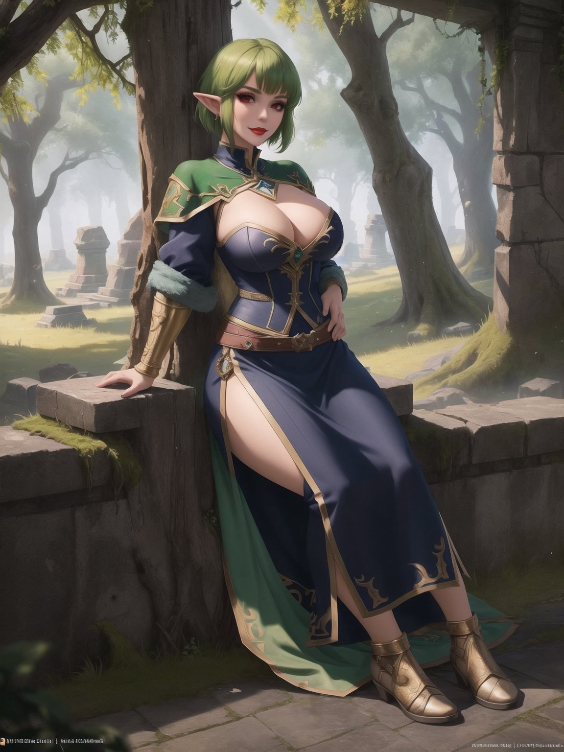 A woman wearing a tight-fitting golden medieval armor with gigantic breasts, green hair with bangs in front of her eyes and very short hair is staring fixedly at the viewer. She is in a completely destroyed castle with many moss-covered stone structures, trees, tree trunks, stone pillars with ancient inscriptions and lots of vegetation, ((She is striking a sensual pose, leaning on anything or object, resting and leaning against herself over it)), ((full body)), warcraft, legend_of_zelda, UHD, best possible quality, ultra detailed, best possible resolution, Unreal Engine 5, professional photography, perfect hand, fingers, hand, perfect, More detail,