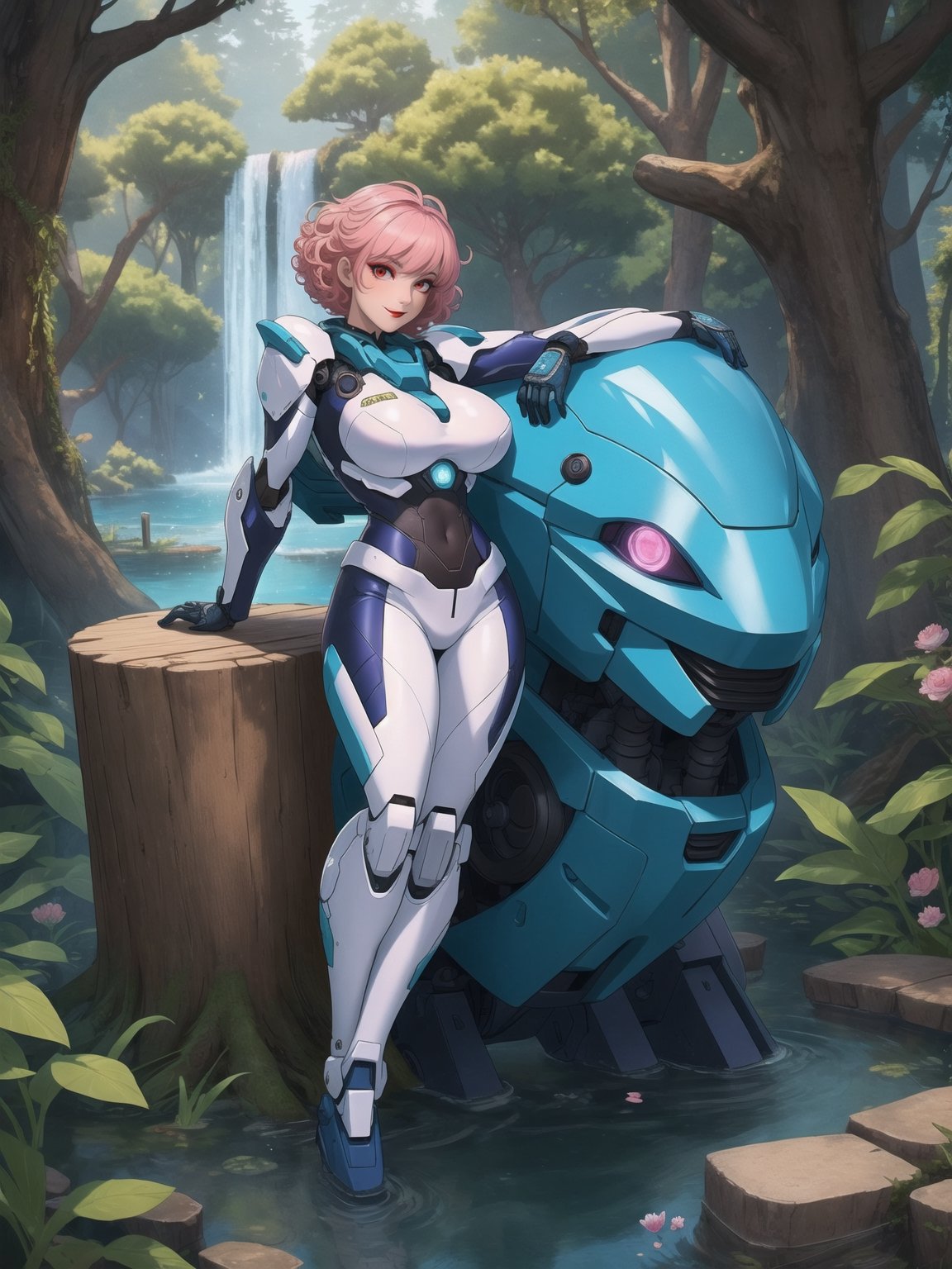 A woman is wearing an all-white mecha suit with blue parts. The mecha suit is very tight on her body, she has gigantic breasts. She has very short, pink, curly hair, with bangs in front of her eyes. She is looking directly at the viewer. She is in a magical forest with lots of trees, wooden structures and large tree trunks. It's night, there are many altars with ancient relics and a large pond, ((full body)), UHD, best possible quality, ultra detailed, best possible resolution, ultra technological, Unreal Engine 5, professional photography, she is doing (sensual pose with interaction and leaning on anything) + (object + on something + leaning against), perfect, More detail,