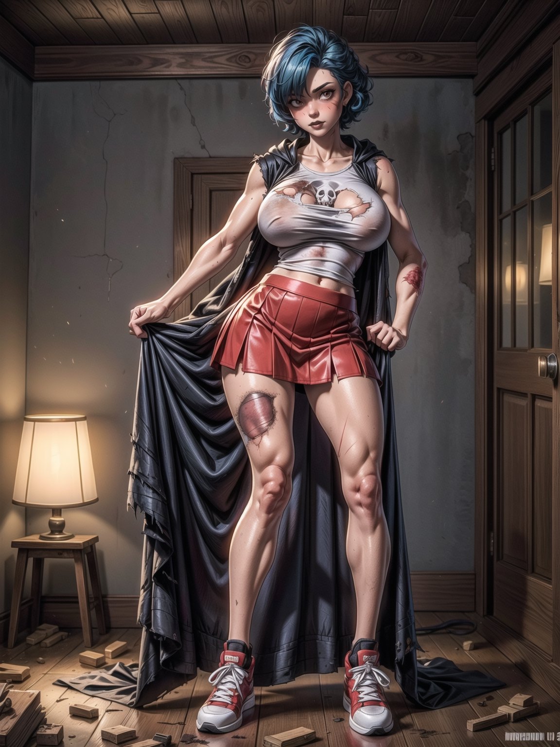 A zombie woman, wearing ((black cloak, white sleeveless T-shirt, short red skirt, all dirty+torn clothes, gigantic breasts, extremely white skin, sneakers,)), short hair, blue hair, curly hair, messy hair, hair with bangs in front of her eyes, (((looking at the viewer, sensual pose with interaction and leaning on anything+object+on something+leaning against+leaning against))) in an old house all destroyed, with old furniture, lamps illuminating the place, many dead vibos transiting, ((full body):1.5); 16K, UHD, unreal engine 5, quality max, max resolution, ultra-realistic, ultra-detailed, maximum sharpness, ((perfect_hands):1), Goodhands-beta2, ((a zombie woman+many wounds and bones appearing))